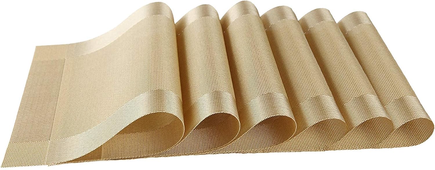 SINGTAN Placemats, Set of 6, Simple Style Heat-Resistant Stain-Resistant, 18" X 12", Woven Vinyl for Table Heat Insulation, Kitchen Christmas (Gold)