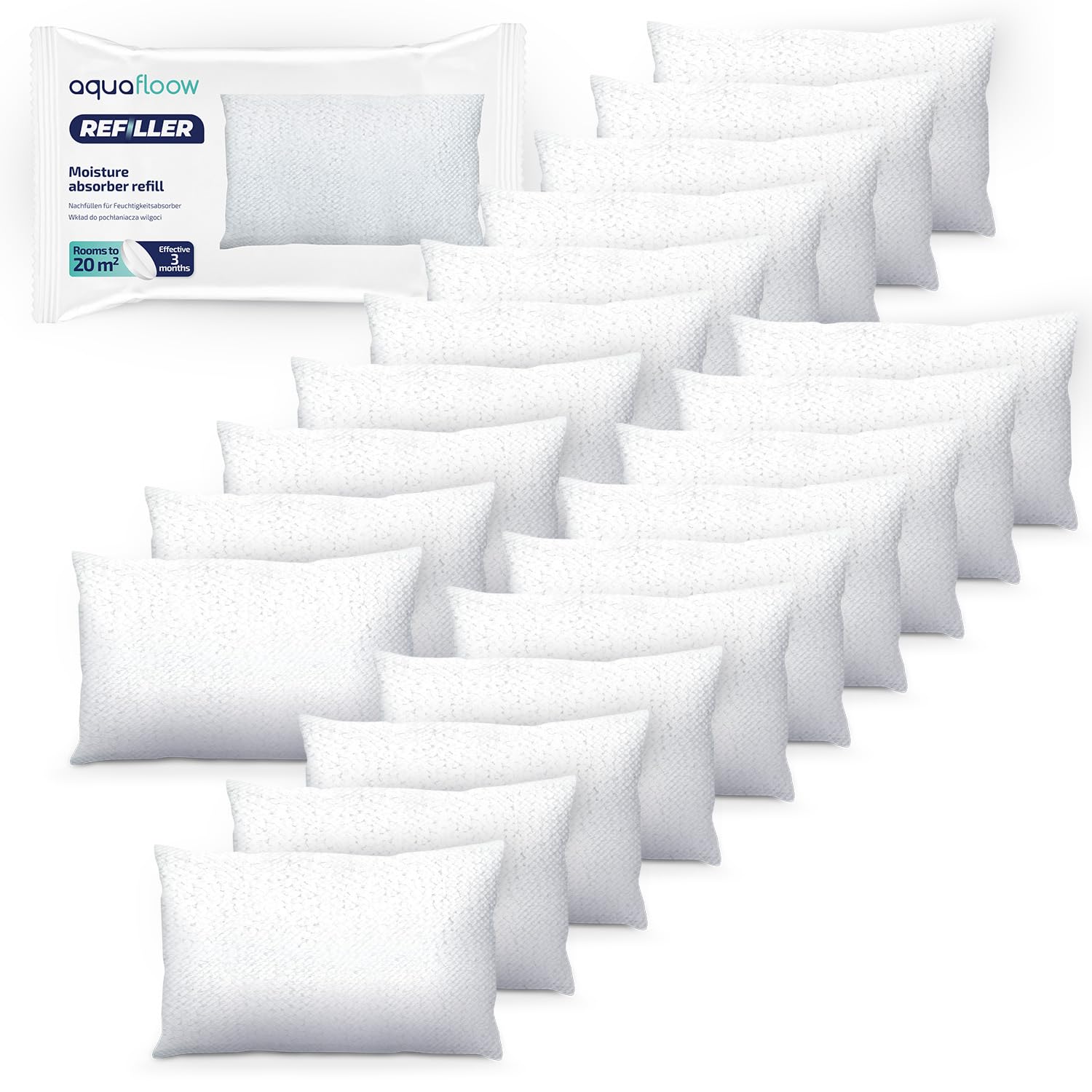 Aquafloow 20x Sachets de Granulés pour Déshumidificateur 250 g, Contrôle des Moisissures pour Pièces de 40 m² | Recharges Ultra-Absorbantes