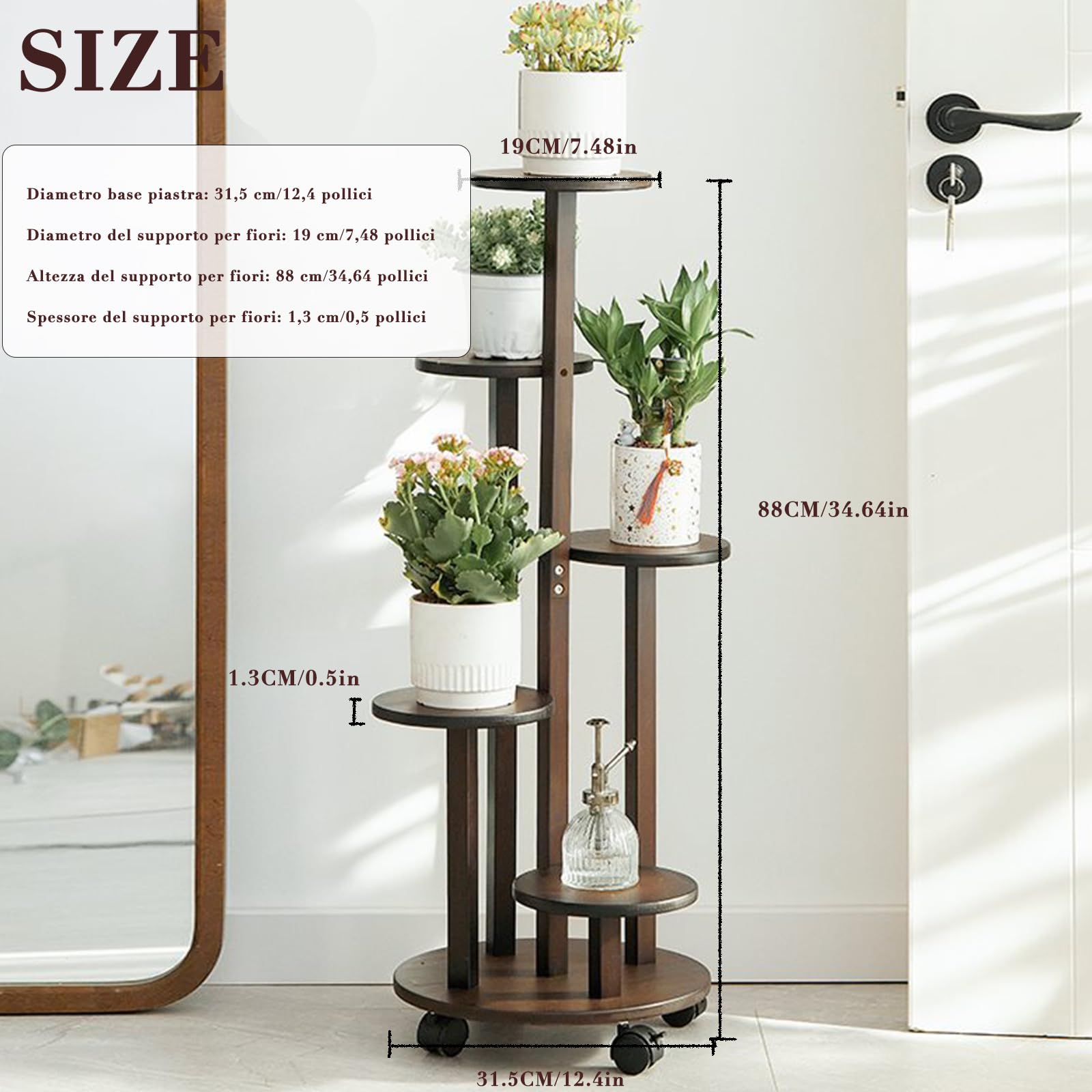 Porta Piante da Interno con Ruote, Scaffale 5 Livelli in Bambù Mobile 88 cm, Portavasi per Balcone, Giardino, Terrazzo, Supporto per Piante Reggivaso con Rotelle,Ø 31.5 cm (marrone)