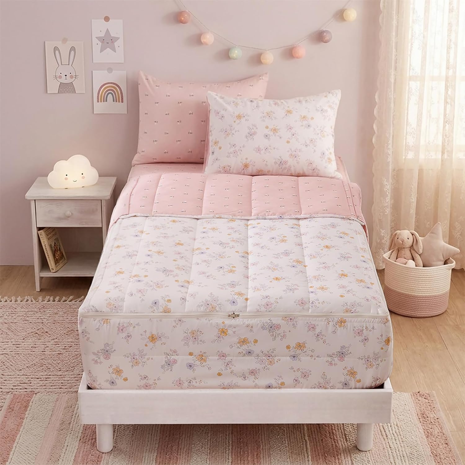 Kids Comforter Sets Floral Printed Zipper Bedding Sets for Girls, 3pcs Pink All in one Bed in a Bag, Easy to Make and Wash Includes Fitted Sheet and Pillow Sham, Twin