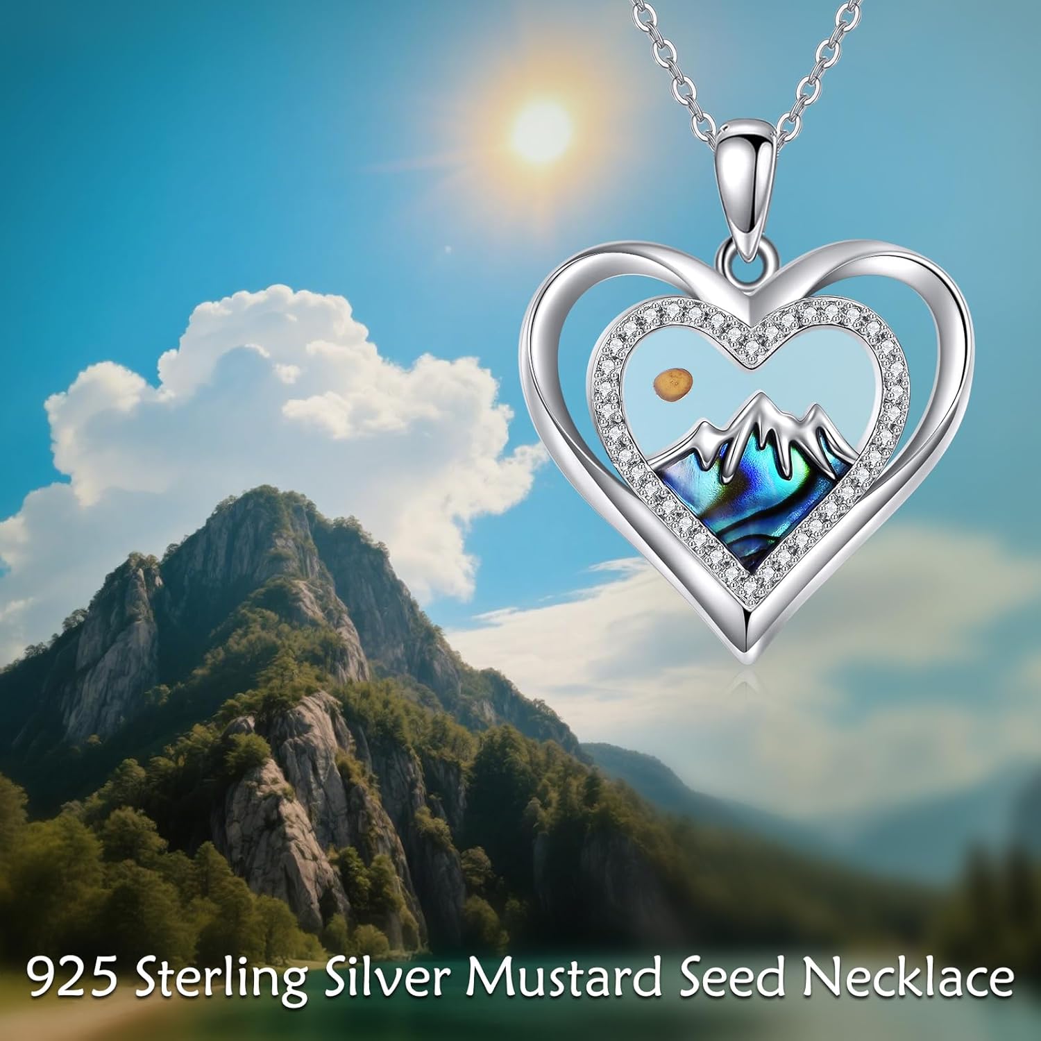 Mustard Seed Necklace for Women 925 Sterling Silver Heart Mountain Pendant Abalone Shell Mustard Seed Jewelry Gifts for Lover - Image 6