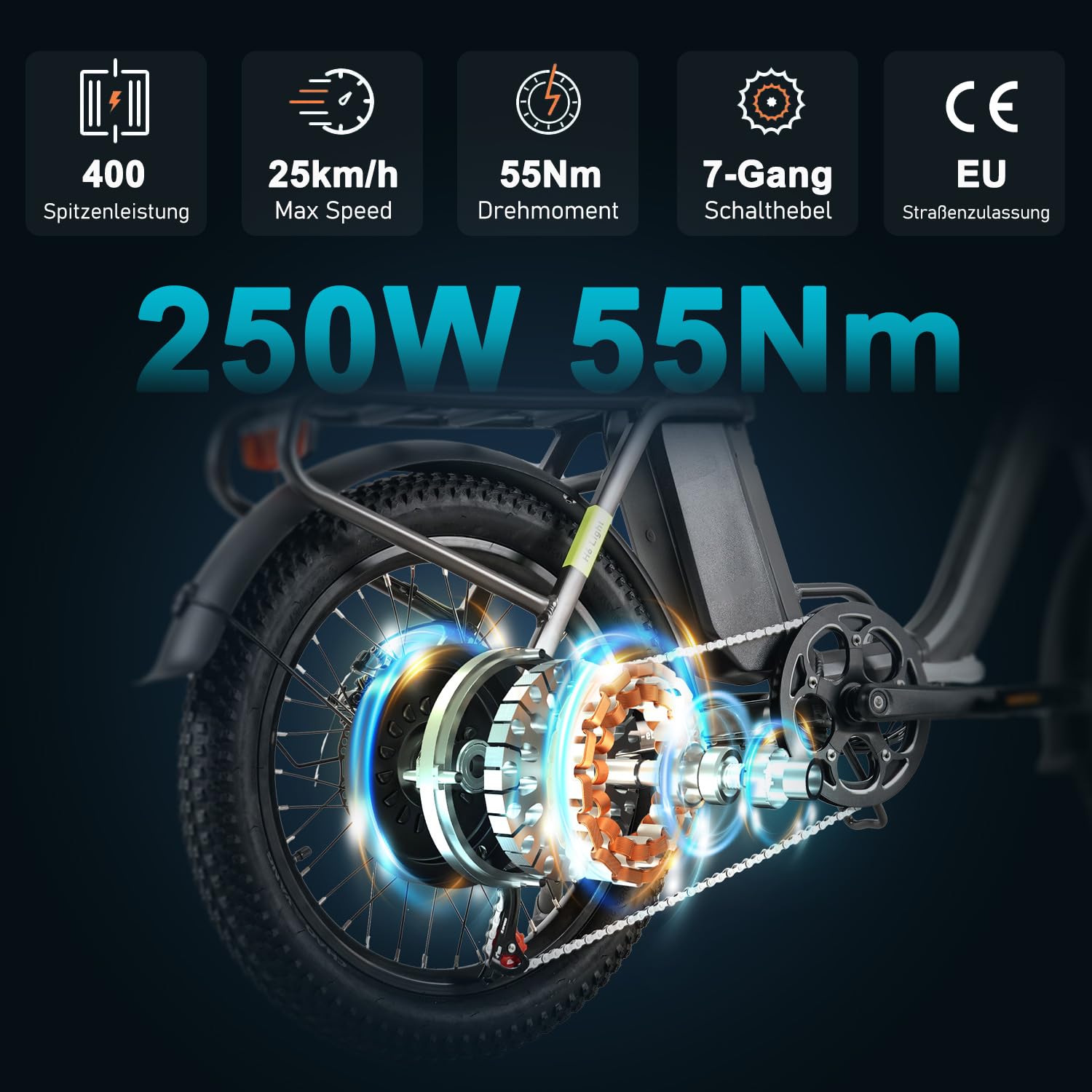HANEVEAR H6-Light E Bike Klapprad, Elektrofahrräder mit Drehmomentsensor | 48V 14,5Ah Akku bis zu 120km+ | 55N.m 250W-Motor | 3.0'' Fat E-Bike, Off-Road Pedelec EBike Herren Damen
