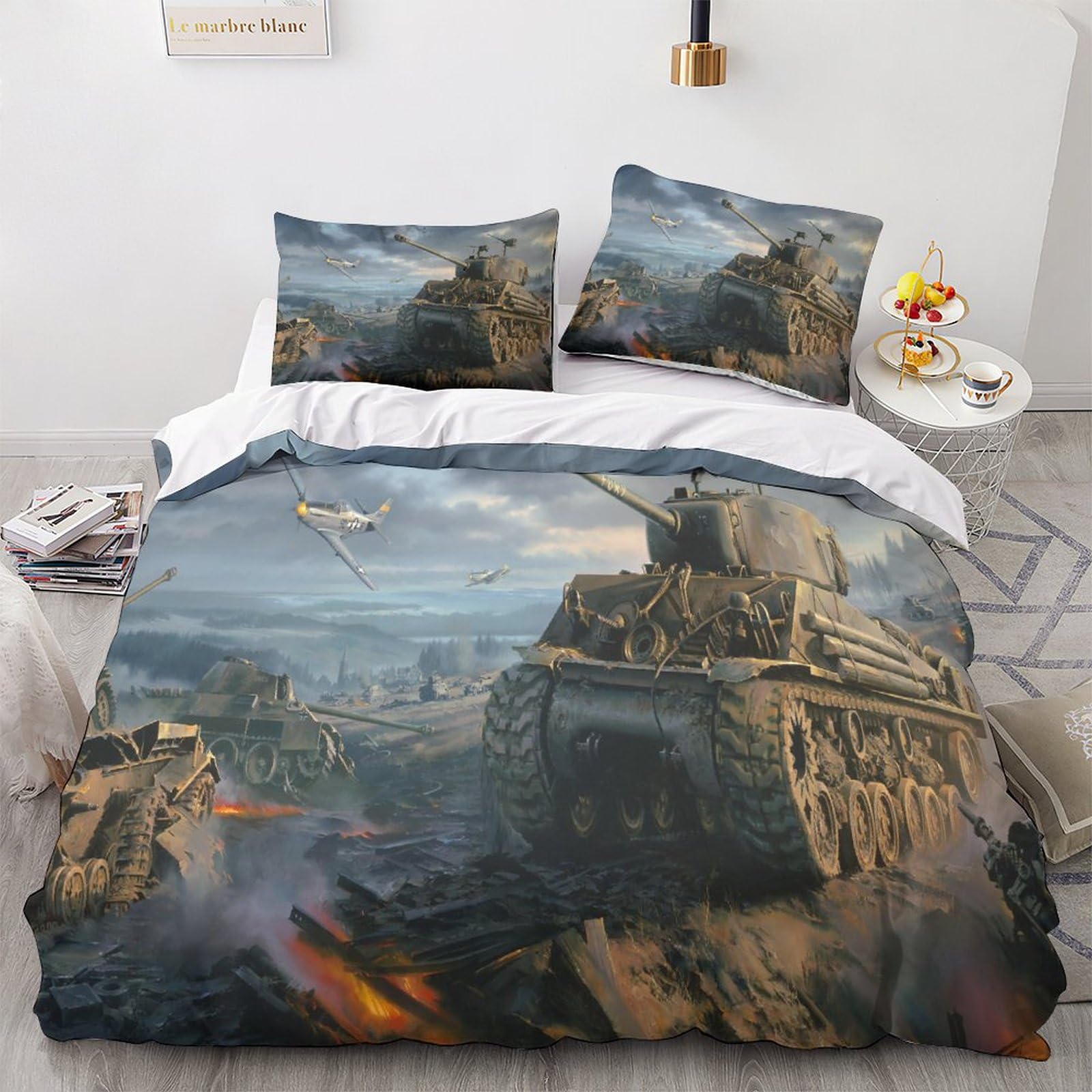 Ensemble de literie 3 pcs pour adolescents motif tank 3D 200x200cm