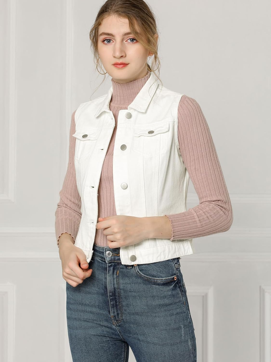 Allegra K Women's Buttoned Washed Denim Vest Jacket W Chest Flap Pockets