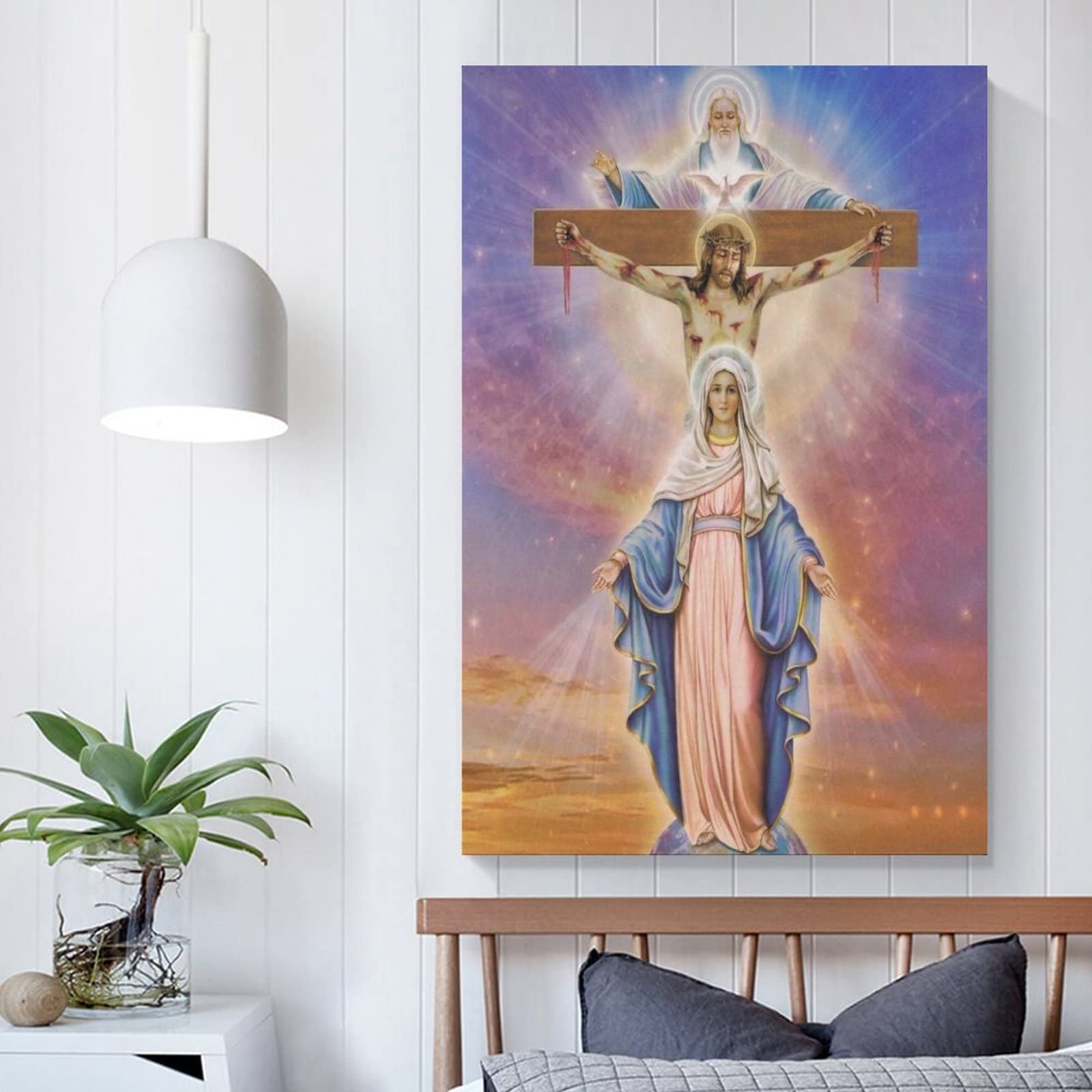 Peinture Murale Vierge Marie Sur Toile 20x30 Cm - Robes Bleues Et Blanches, Motifs Floraux, Sans Cadre - 8