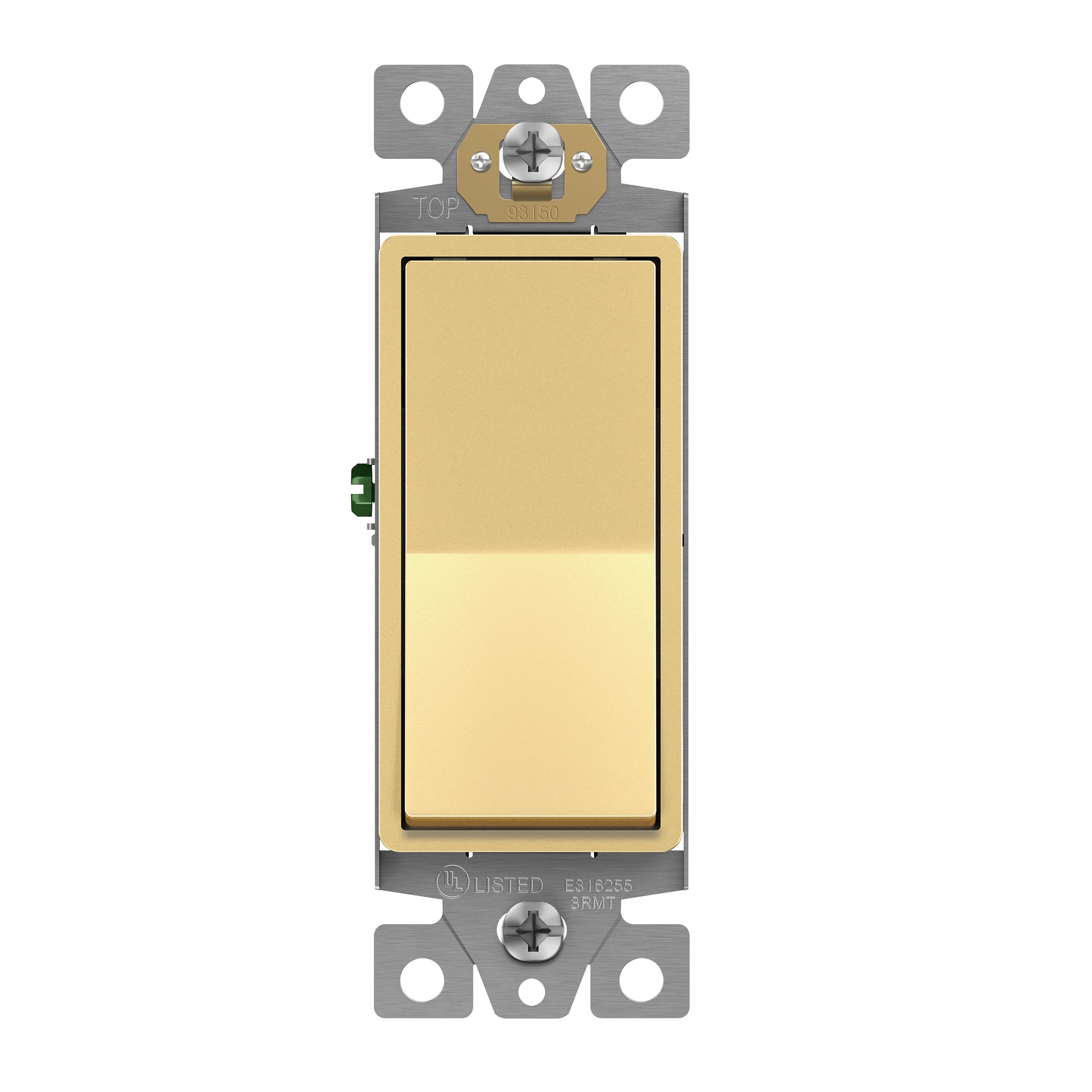 3-Way Decorator Paddle Light Switch, Gloss Finish, Single Pole or Three Way, 3 Wire, Grounding Screw, Residential Grade, 15A 120V/277V, UL Listed, 93150-GD, Gold