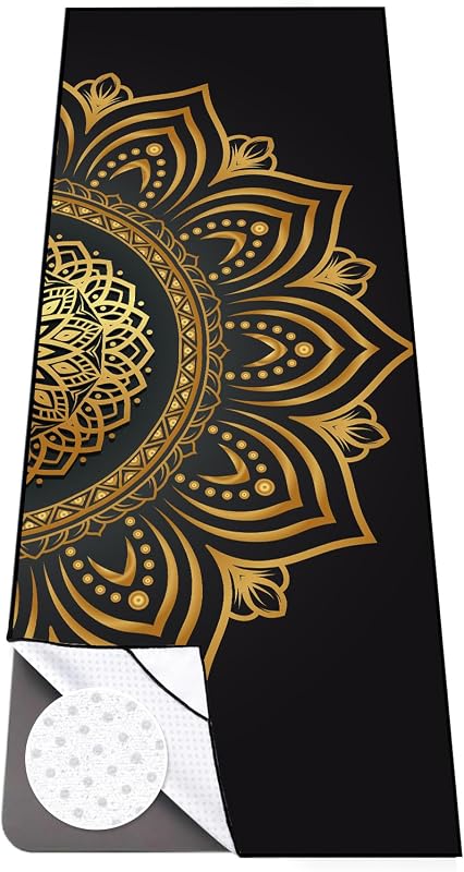 Hot Yoga Towel with Grip Dots, Non Slip, 70"x26, Gold Mandala | Sweat Absorbent Yoga Mat Towel, Portable with Travel Bag, Catching Eyes Design, For Hot Yoga, Bikram, Pilates and Fitness