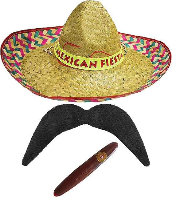 MENS MEXICAN RED SOMBRERO WITH MEXICAN FIESTA BAND + BLACK MOUSTACHE + JUMBO CIGAR FANCY DRESS ACCESSORY SET MEXICAN SPANISH SET (PACK OF 1)