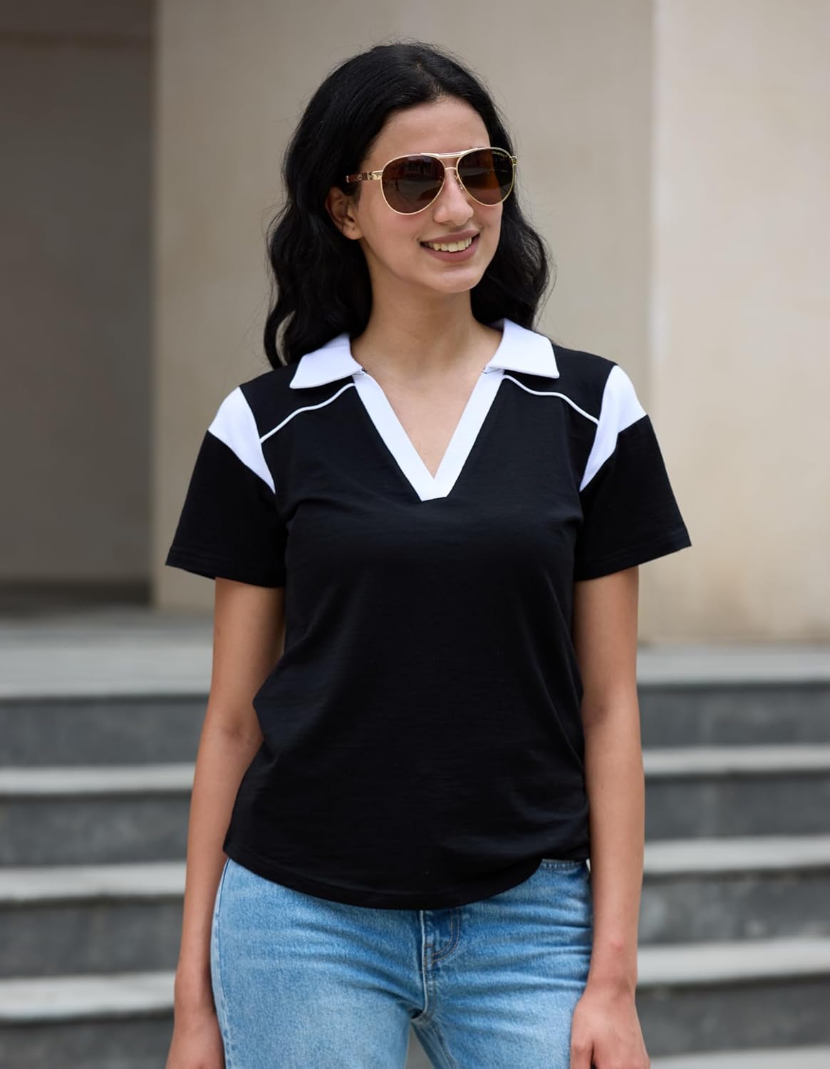 Merino Wool V Neck Polo Shirts for Women for Tennis, Breathable Moisture Wicking Womens Golf Shirt Short Sleeve