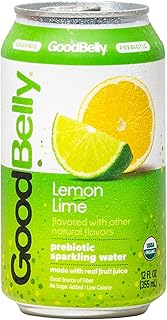 GoodBelly Organic Lemon Lime Prebiotic Flavored Sparkling Water| Refreshing Sparkling Water with Real Fruit Juice | No Added Sugar, Low Calorie | 12oz Cans - Pack of 4
