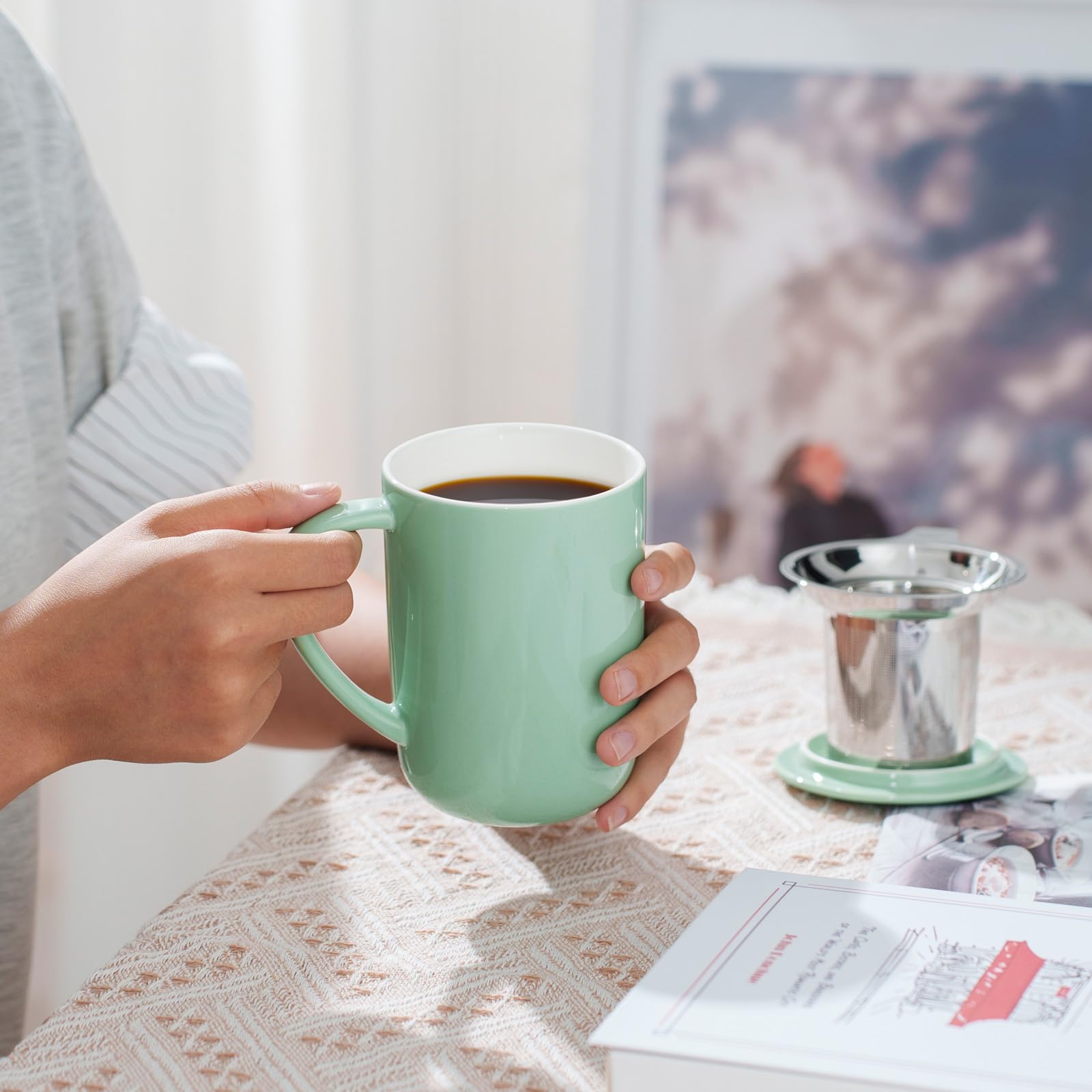 CEEFU Tasse à thé en porcelaine avec infuseur et couvercle, avec filtre et dessous de verre, tasse à thé en vrac, 473 ml, pour thé, café, lait, femme, bureau, maison, cadeau (Vert menthe)