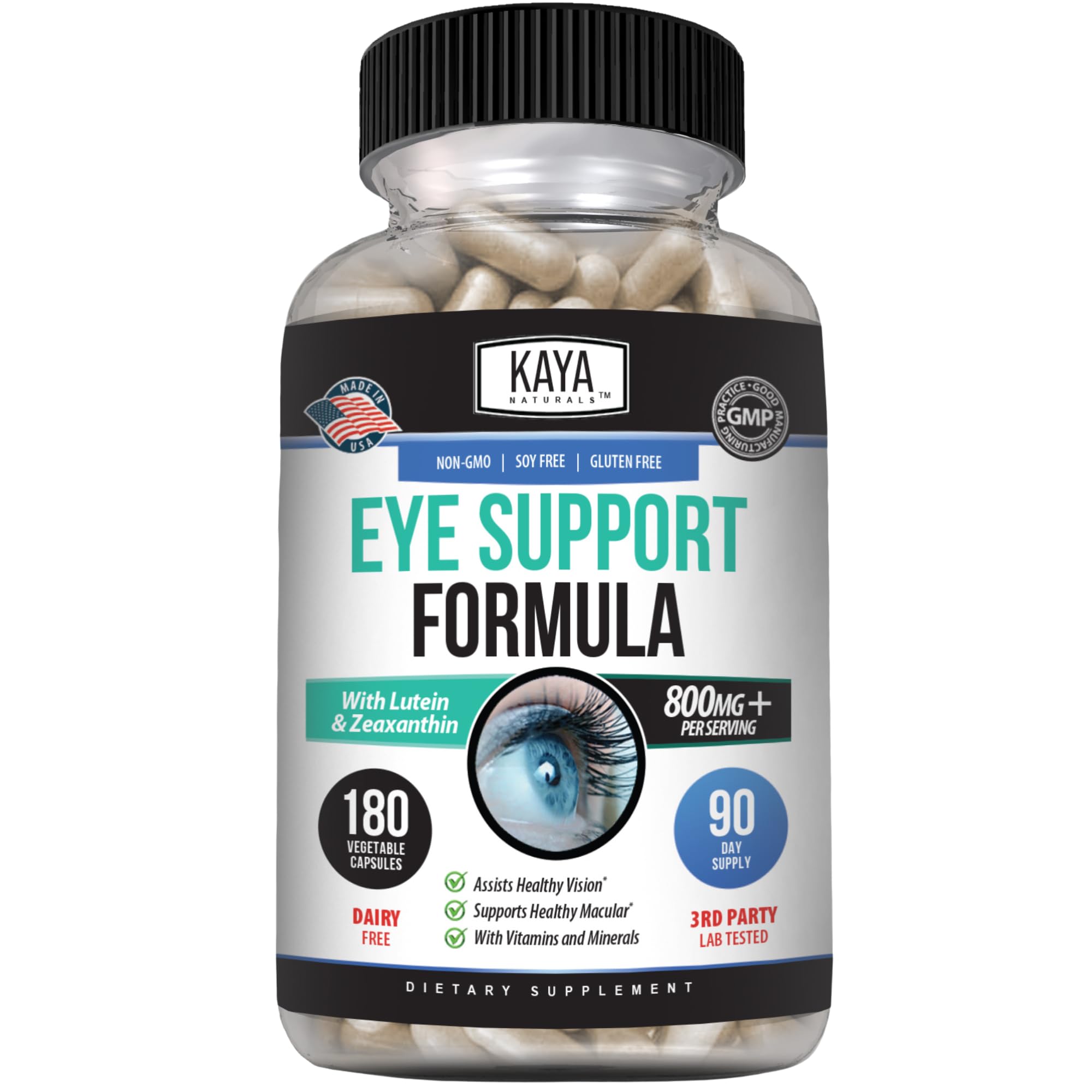 Kaya Naturals Eye Health Supplement - Lutein & Zeaxanthin - Supports Eye Strain, Dry Eyes, and Vision Health - 800mg Vitamin Supplement - 180 Count