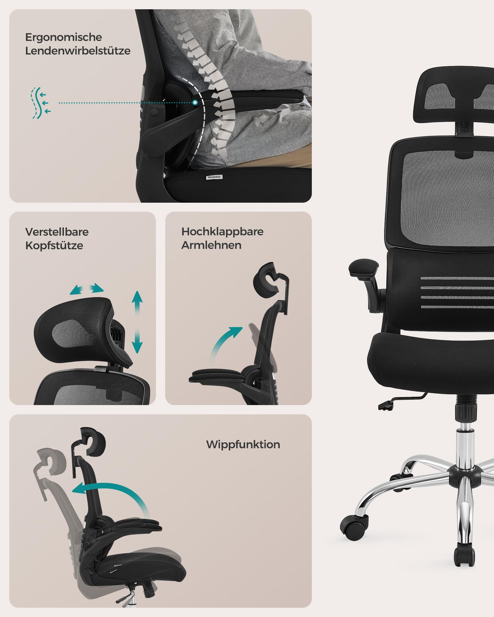 SONGMICS Bürostuhl, Schreibtischstuhl, ergonomisch, klappbare Armlehnen, hohe Rückenlehne, Netzstuhl mit Lendenwirbelstütze und Verstellbarer Kopfstütze, Wippfunktion, tintenschwarz OBN040B01
