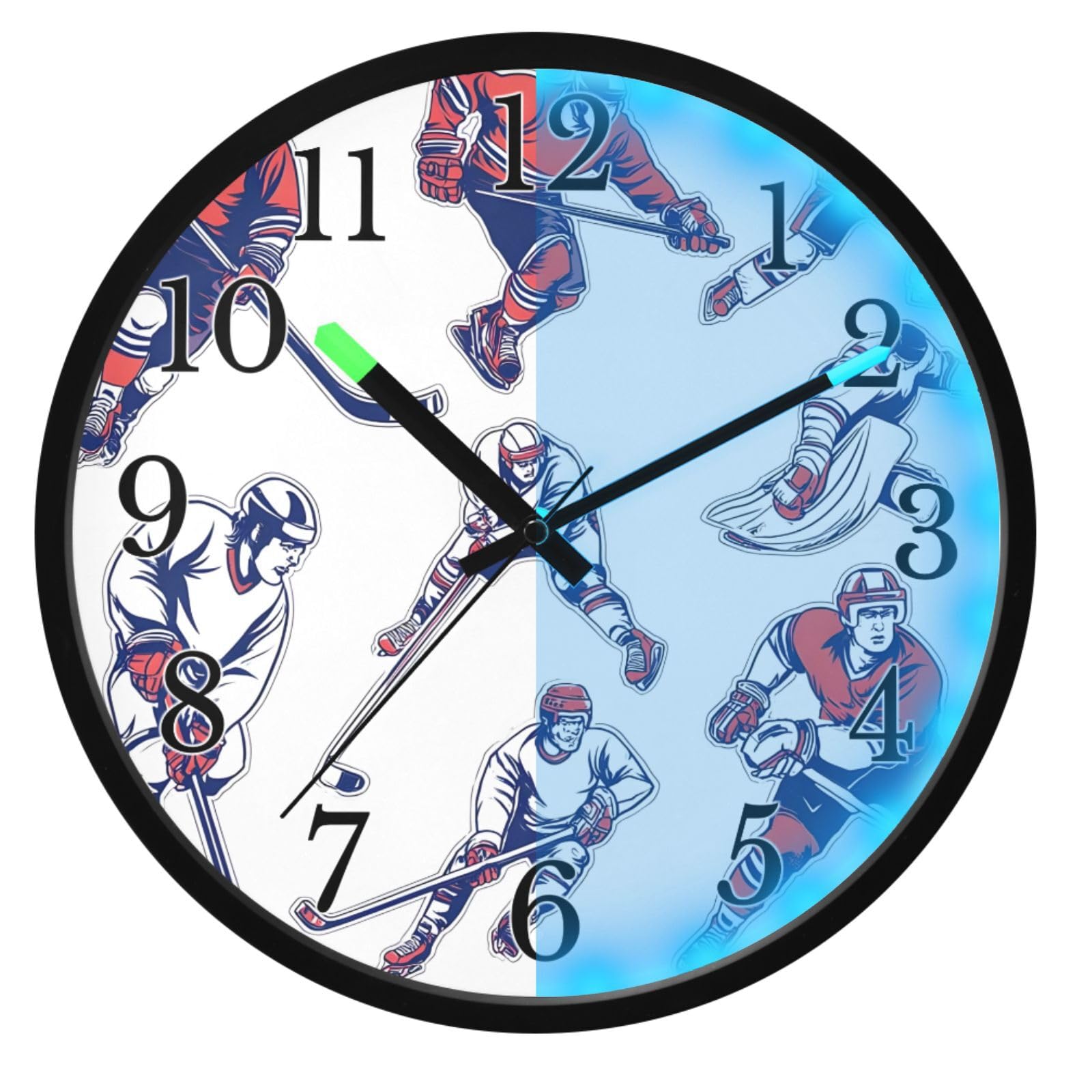 Mnsruu Reloj de pared luminoso con jugadores de hockey, reloj de pared que brilla en la oscuridad, funciona con pilas, silencioso, sin tictac, luz nocturna para dormitorio