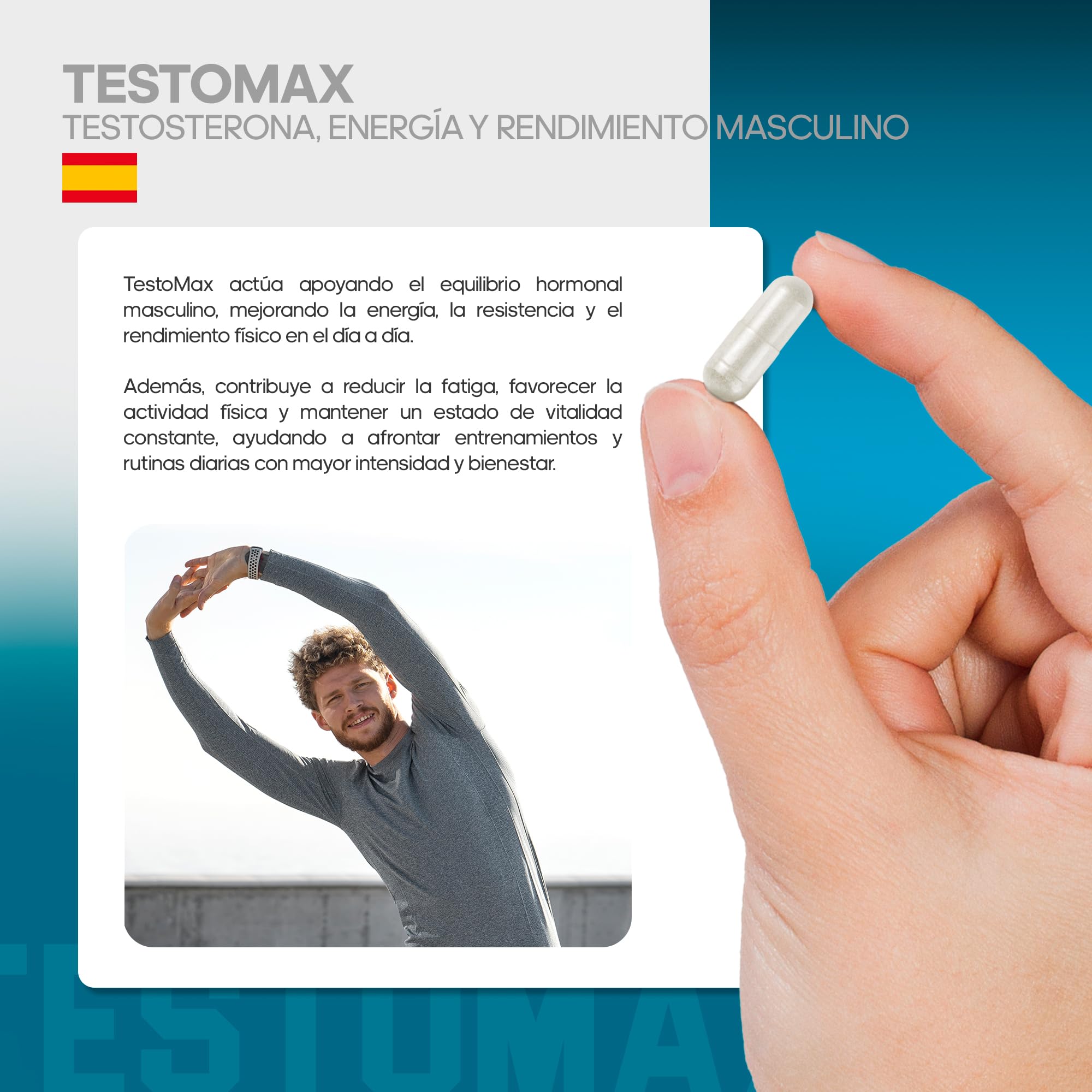 Healthy Fusion TestoMax | Booster de Testosterona Energizante | Maca, Ginseng, Tribulus, Taurina y Vitaminas | Aumenta la masa muscular | Acción quemagrasas y vigorizante | 120u
