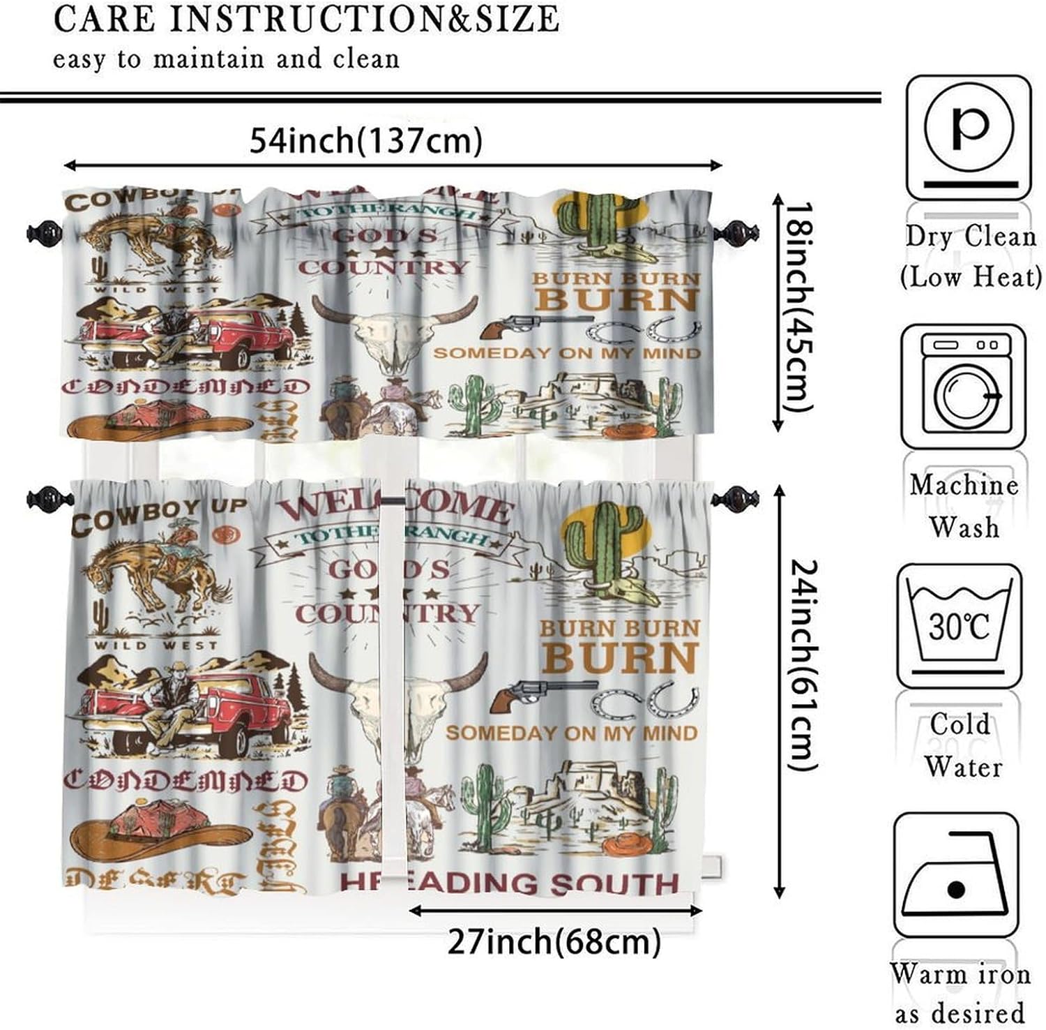 Western Cowboy Kitchen Curtain,Rustic Riding Horse Cactus Truck Skulls West Desert for Bedroom Dining Room Cafe Office Living Room Drapes, 54 x 18 in + 27 x 24 in*2