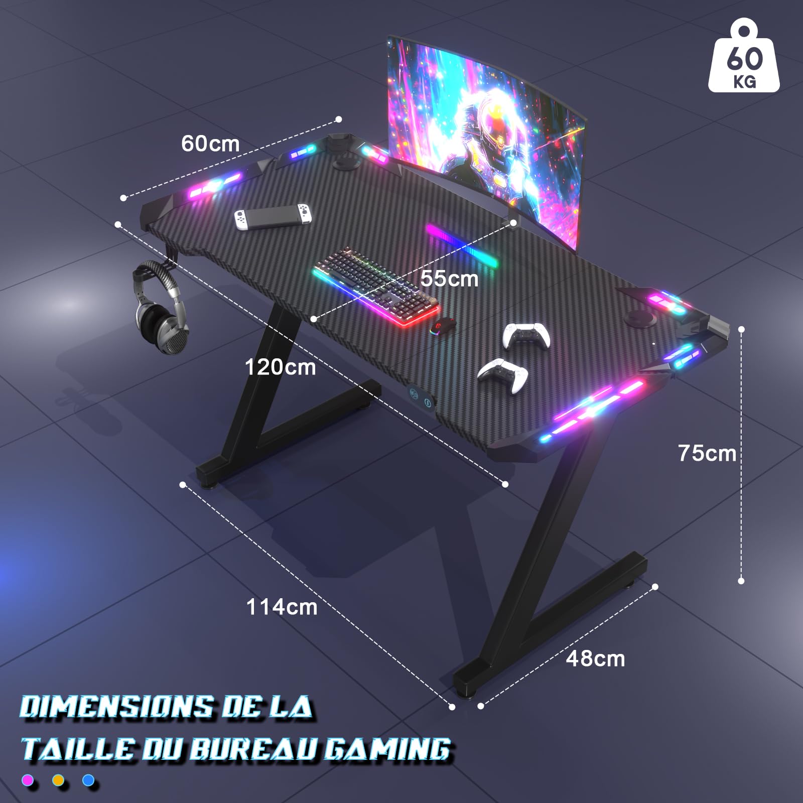 JUMMICO Bureau Gaming RGB 120x60cm, Carbone Anti-Rayures, LED, Noir