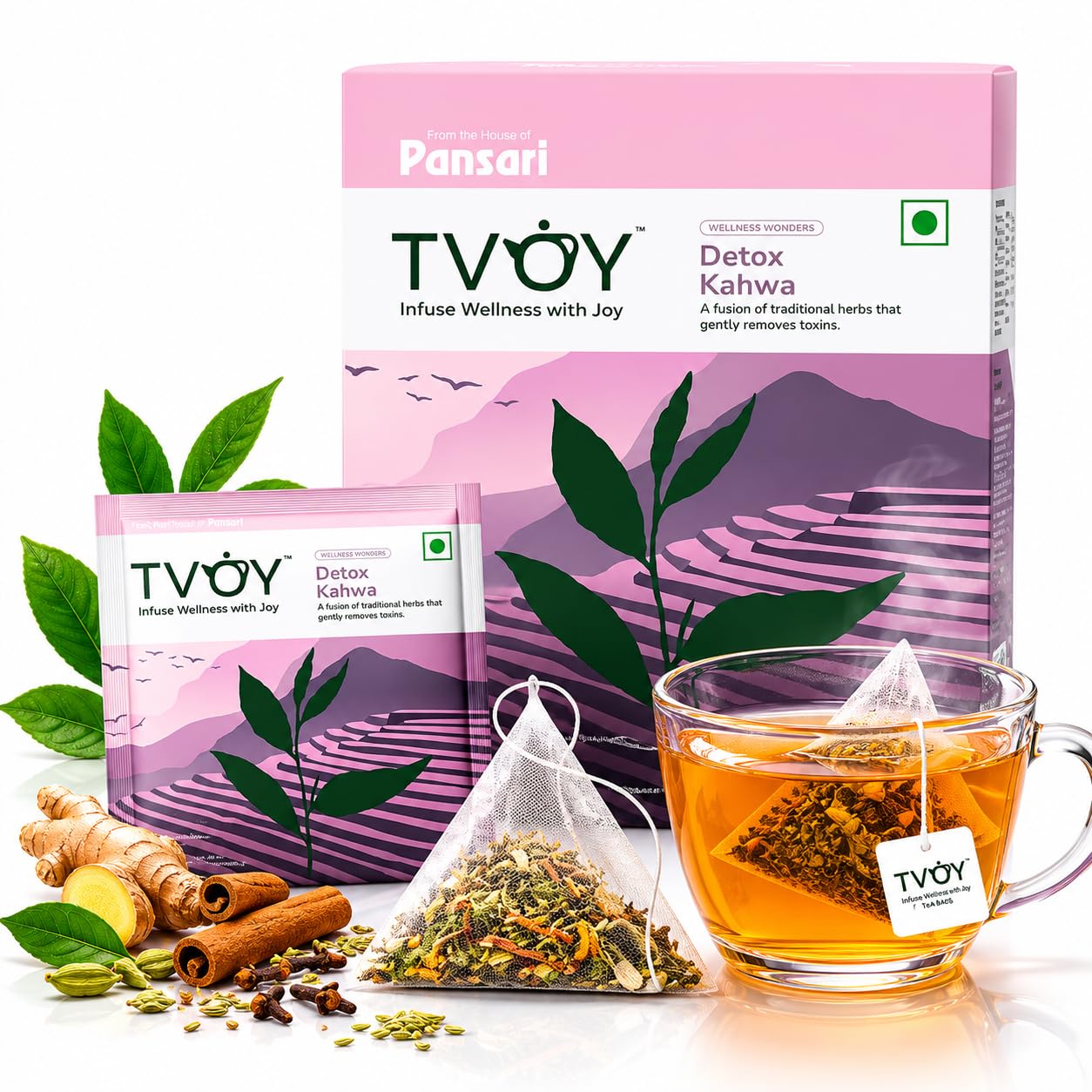 TVOY Premium Detox Kahwa Green Tea Bags | Biodegradable Pyramid Tea Bags | 20 Bags of Herbal Khawa Tea for Detox, Immunity Boosting, and Stress Relief | Best Rated Green Tea for Overall Wellness-image-9