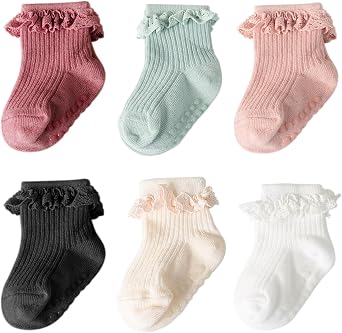 DRESHOW BQUBO Baby Girls Toddler Girls Anti Slip Socks Cute Frilly Ruffle Socks Grip Ankle Baby Socks for Infant Toddler