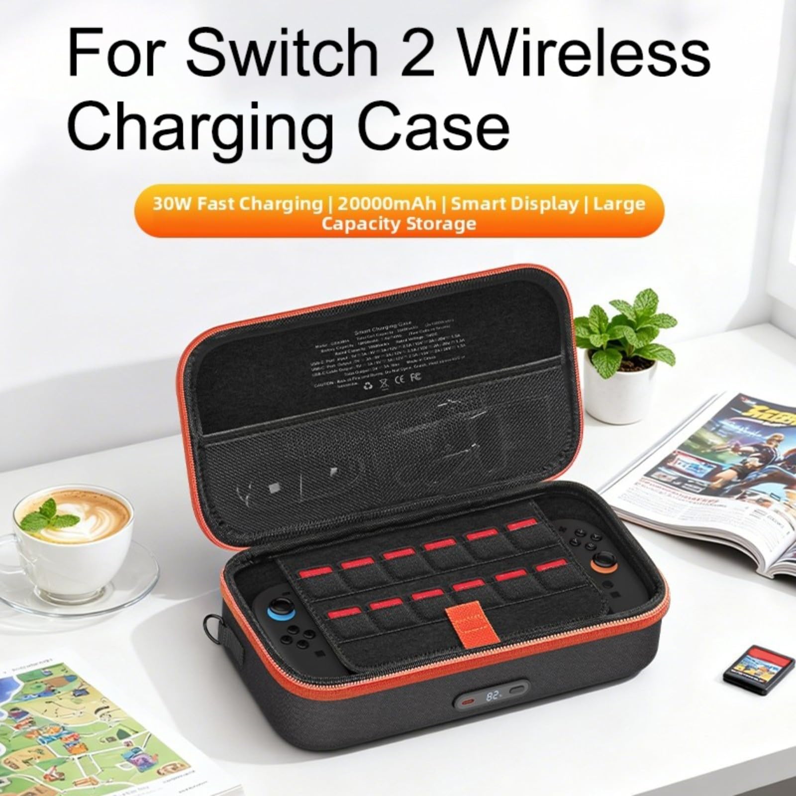 Custodia interna di ricarica portatile per Nintendo Switch 2, 2000 mAh esterna per batteria con copertura rigida, 12 slot per carte di gioco, 30 W, scatola portaoggetti da viaggio con ricarica
