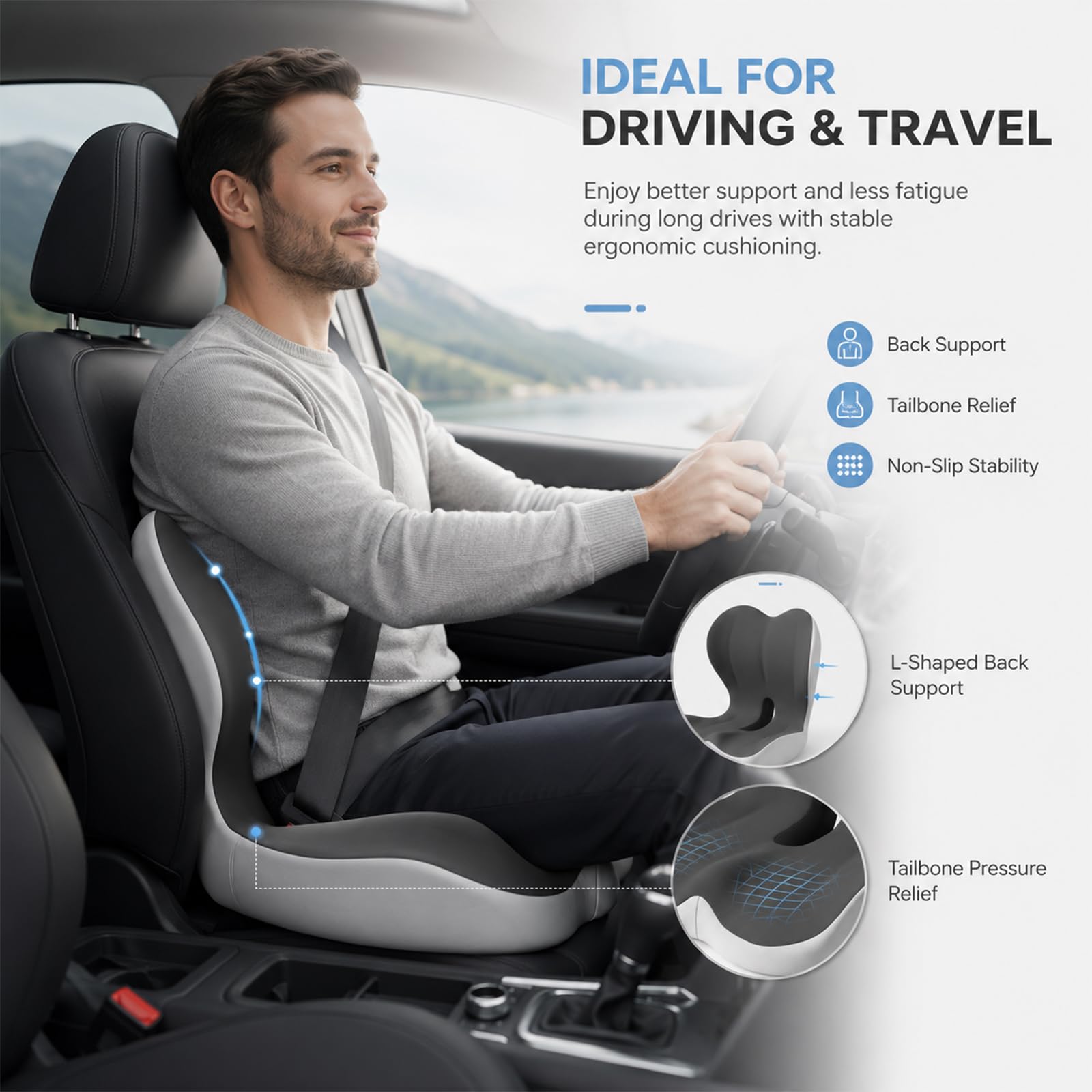 Cuscino Ortopedico con Schienale, ergonomico a Forma di L | con supporto lombare, in memory foam, per sedia da ufficio, per auto, sedia a rotelle, antiscivolo, sollievo dal dolore