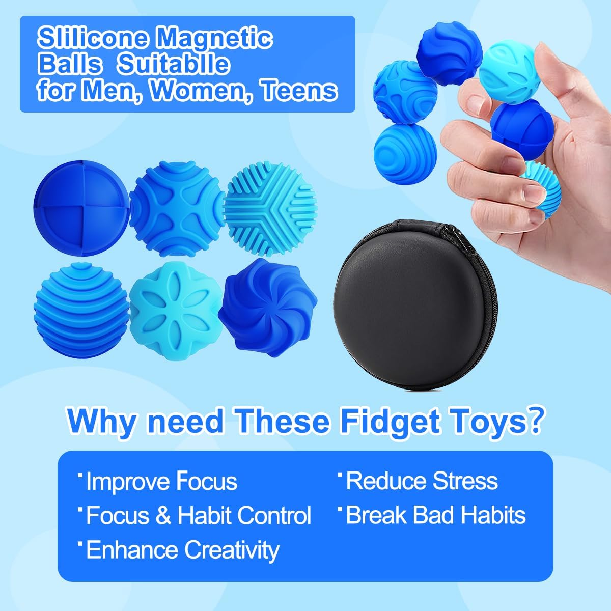 Magnetic Silicone Balls Fidget Toys for Adults Teens，6PCS Stress Relief Sensory Toys for Autism ADHD Anxiety, Calming, Fun Office Desk Textures Toy, Chritmas Birthday Gifts for Women, Men (Blue)