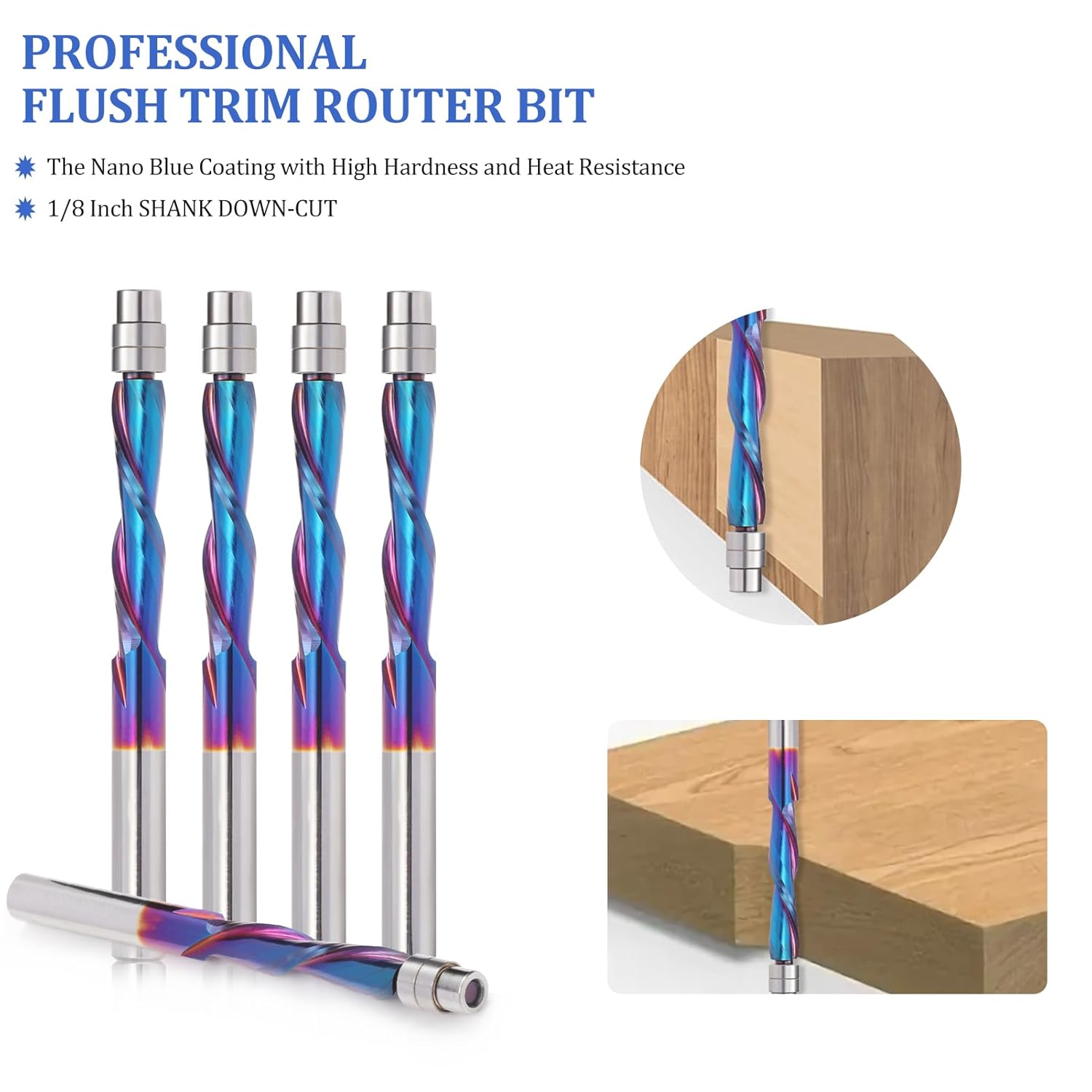 Spiral Flush Trim Router Bit, 1/4 Inch Shank DownCut Spiral Router Bits , 1-1/8 Inch Cutting Length Solid Carbide CNC Trim Bits with Nano Coating for Woodwork Trimming (5PCS)