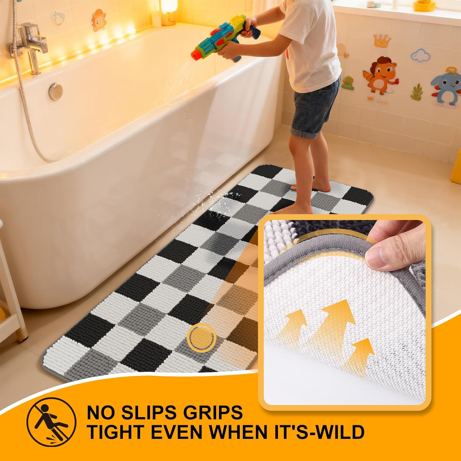 Chenille Bathroom Rugs Sets 3 Pieces Pink, Bath Mat + Contour Mat + U Shape Rugs Set, Upgrade Non-Slip TPR Bottom Machine Washable Checkerboard Bathmat for Tub Shower Room Decor