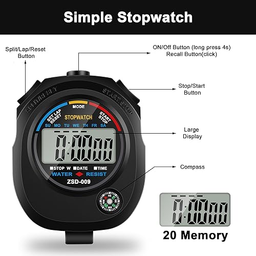 Miniatura 3 de Paquete de 2 cronómetros electrónicos digitales multifuncionales deportivos, pantalla grande con fecha y hora y función de alarma, adecuado para
