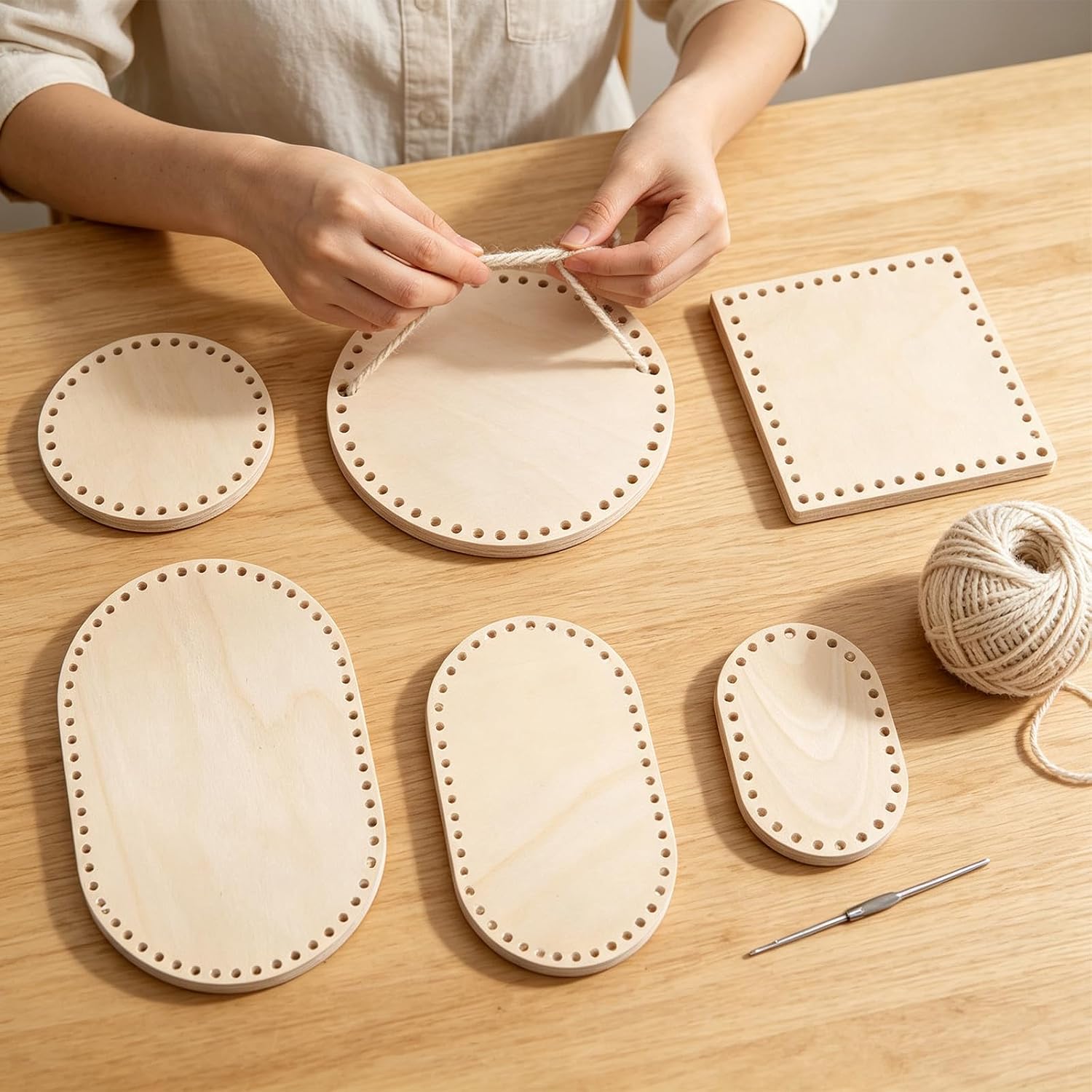 6 Pcs Wooden Basket Bottoms,Oval Round Square for Crochet Base DIY