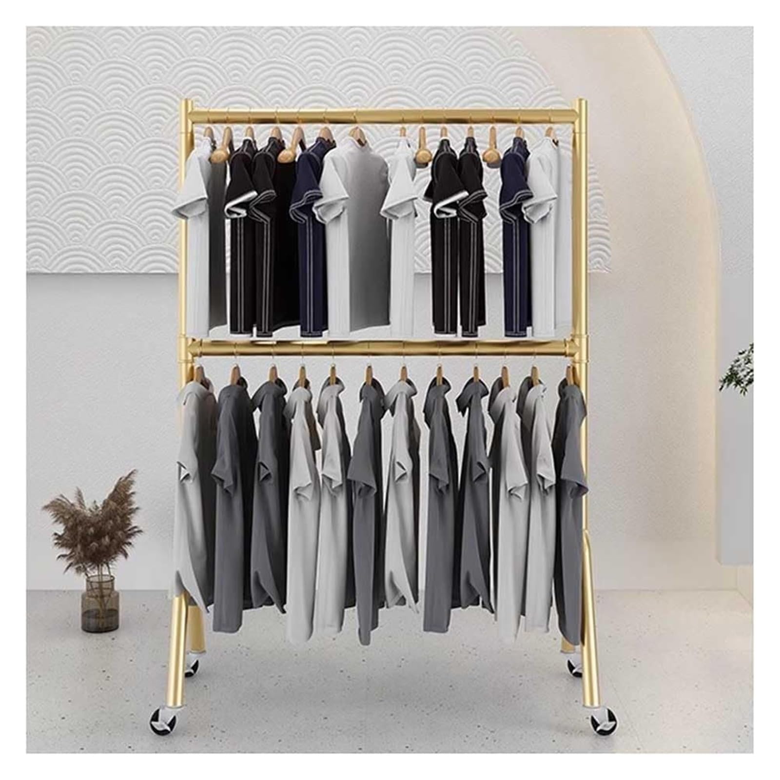 Portant à vêtements à double tige support à vêtements roulant en métal avec roulettes
