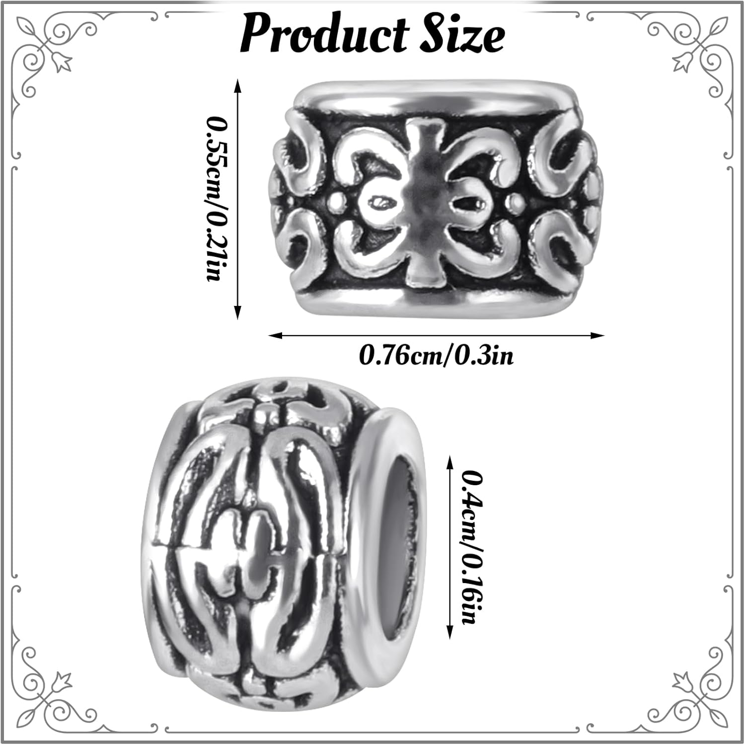 100Pcs Silver Round Spacer Beads, 8mm Retro Pattern Alloy Beads Round Tube Charm Beads with Large Hole Metal Bracelet Spacer Beads for Jewelry Making Necklace DIY Craft Supplies