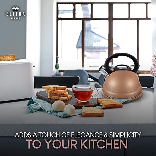 Miniatura 7 de ELITRA - Hervidor de té silbante  Tetera de acero inoxidable para estufa con mango Stay Cool  3.1 cuartos de galón  3 litros  Oro rosa