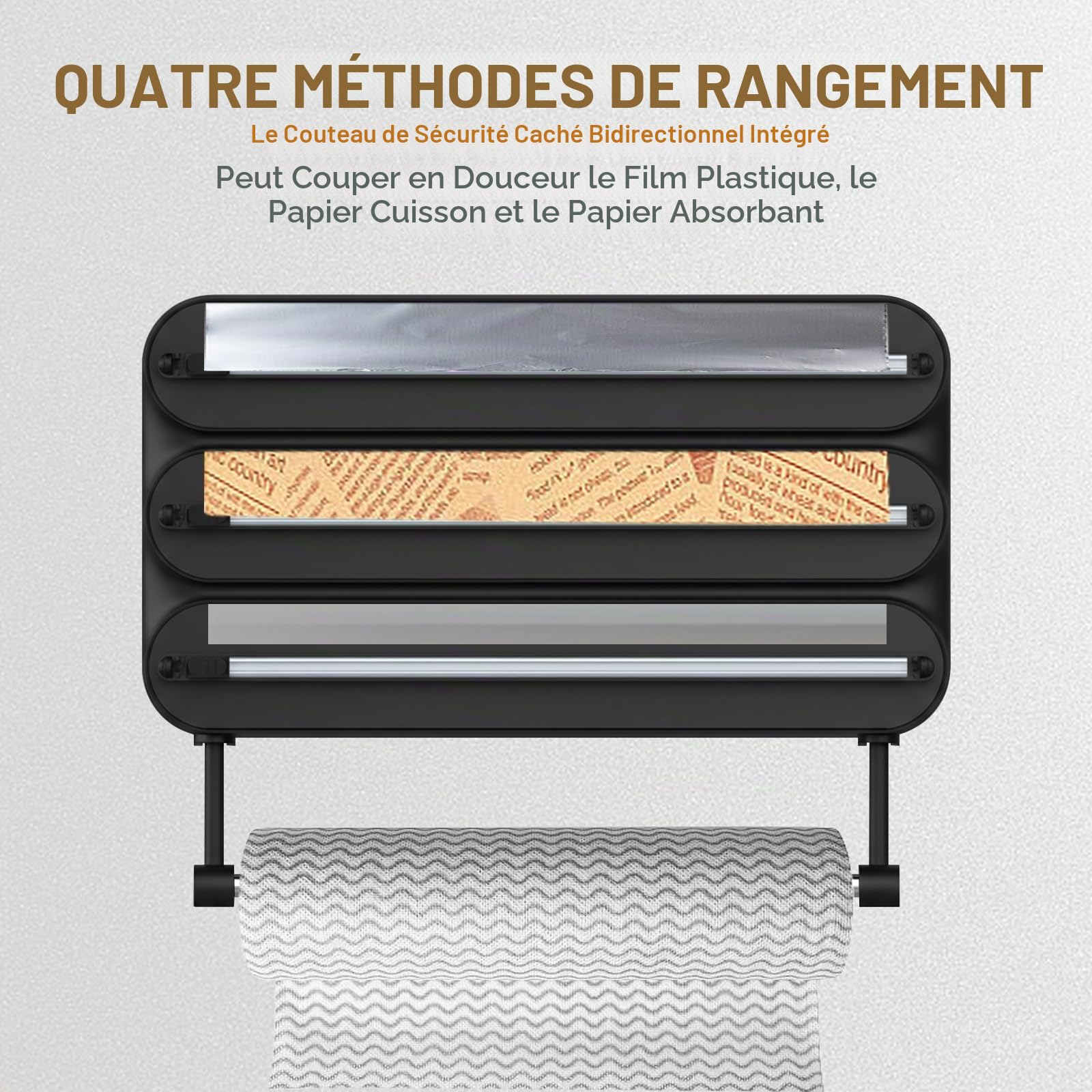 4 en 1 Derouleur Film Alimentaire，Distributeur Film Alimentaire，Distributeur Papier Aluminium et Film-Magnétique et Murale sans Percer (Noir Pur)