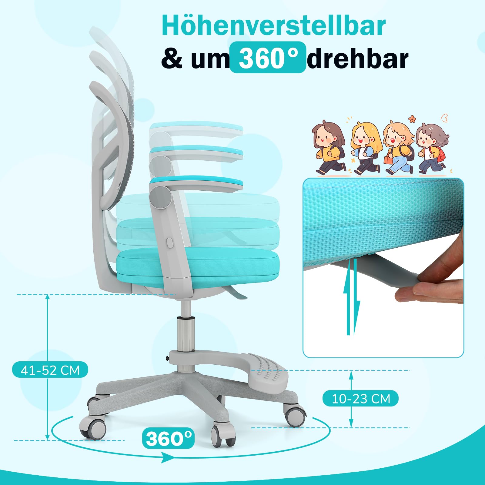 GOPLUS Schreibtischstuhl Kinder, höhenverstellbarer Kinderdrehstuhl mit Fußstütze, Kinderschreibtischstuhl mit klappbaren Armlehnen & Rollen, Sitzhöhe 41-52 cm, für 3-15 Jungen & Mädchen (Türkis)