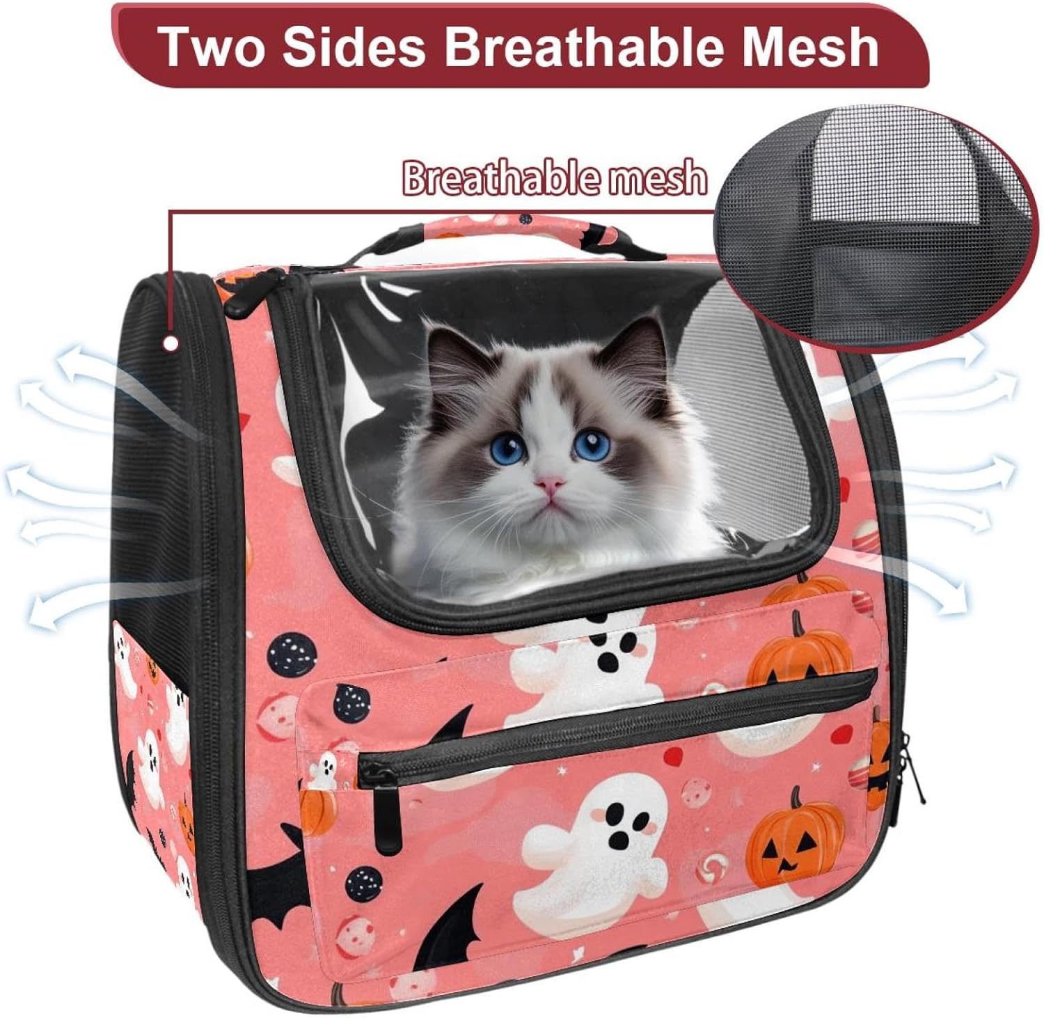 Portable Travel pet Backpack Carrier Hamster Bag Small Dog cat Carrier Breathable Hang Bag, Halloween Bats Candies Pumpkins