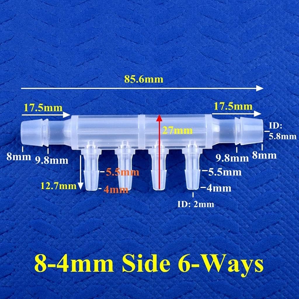 6-10 Ways Hose Connector - Food Grade PP Aquarium Tank Air Pump Liquid Gas Diverter for Garden Irrigation(50 Pieces 8-4mm Side 6-Ways)