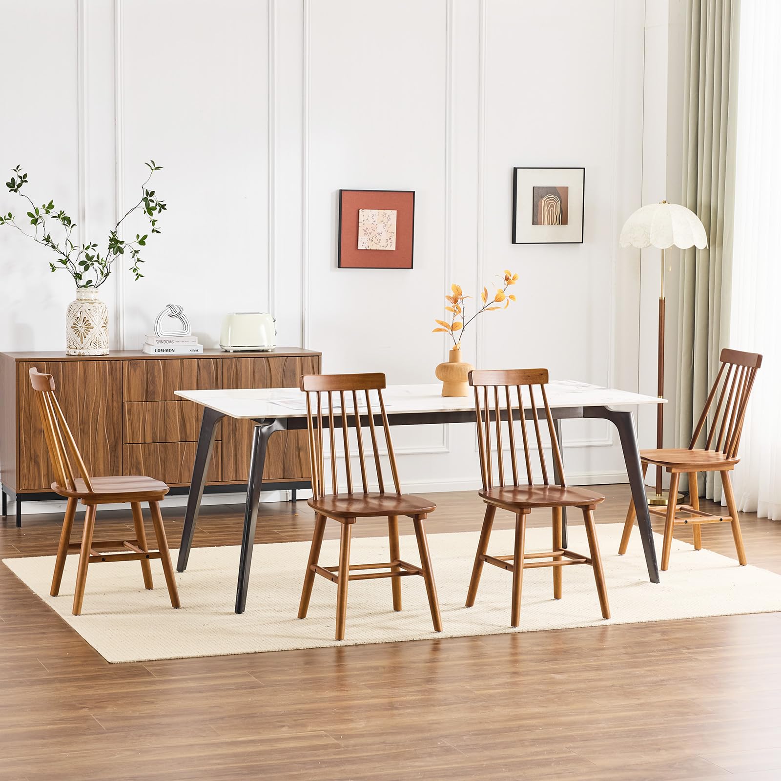 ATOMHOME Windsor Wooden Dining Chair Set of 4 Farmhouse Spindle Back Kitchen Chairs Windsor Dining Chairs for Kitchen, Living Room, Restaurant, Walnut