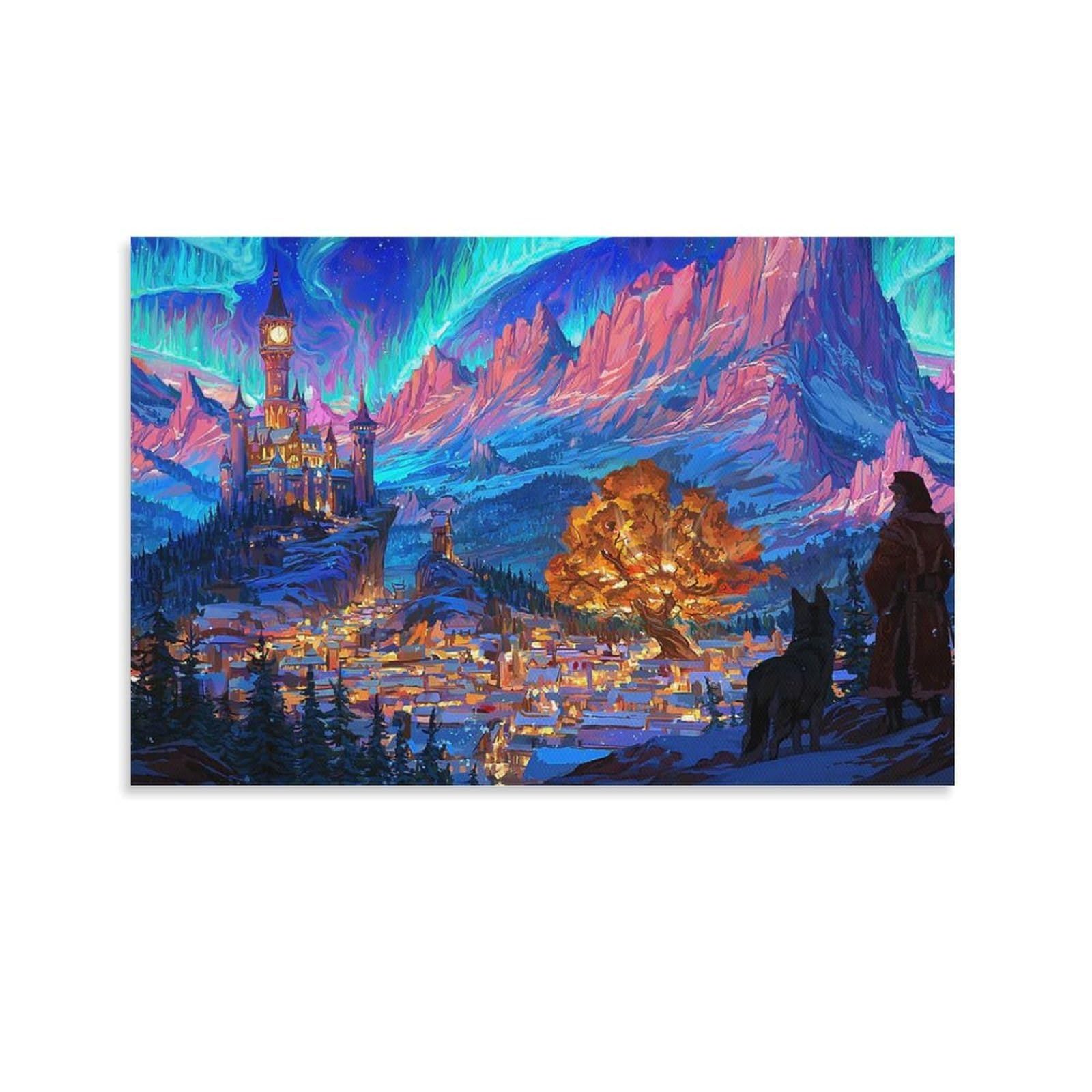 CPLVKWRQJ Bright Magical Colorful Single Fantasy Aurora Mountain Castle Scene Framed Canvas Wall Art - Living Room Gallery Wall Statement Piece Fade Resistant Decor 20x30inch(50x75cm)
