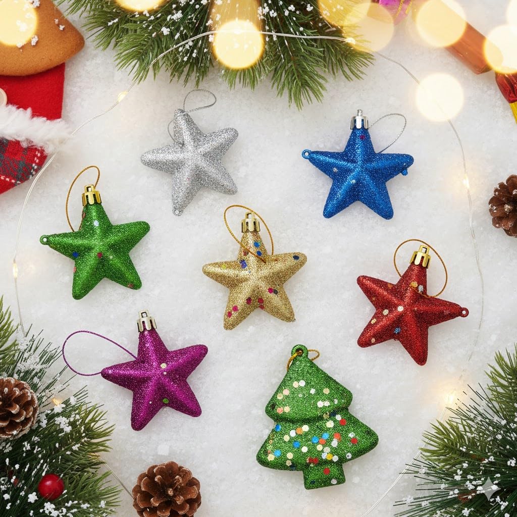 eCraftIndia Multicolor Glittering Christmas Stars (Set of 6)| Christmas Tree Decoration Items | Tree Stars Hanging Outdoor Indoor Home Office Church | Xmas Tree Star Topper | Xmas Decoration