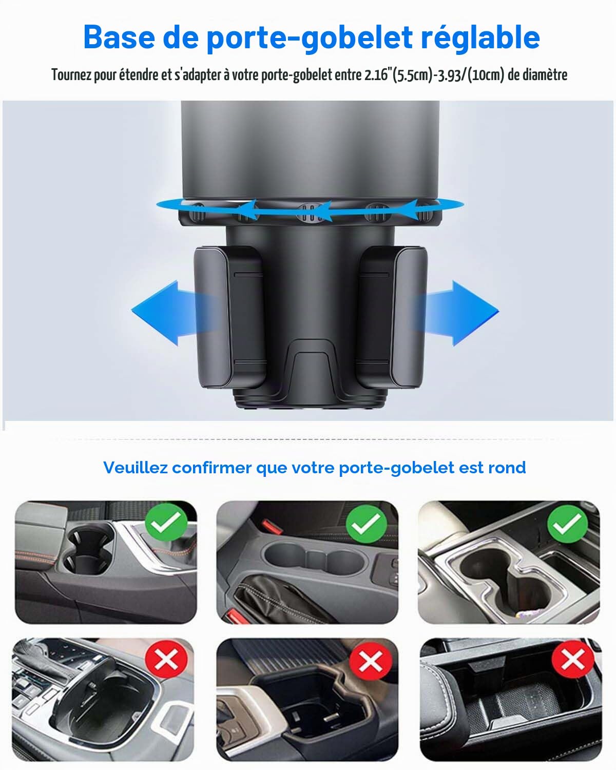 Porte-gobelets 2 en 1 pour voiture multifonction rotatif 360° pour la plupart des porte-gobelets et organisateur d'intérieur voiture
