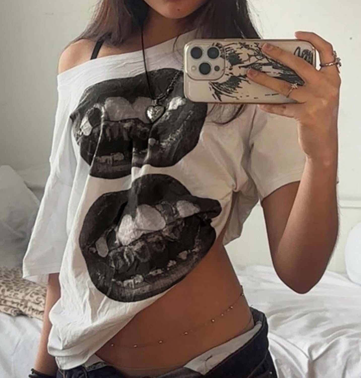 Off The Shoulder Cute Shirts for Women Oversized Tshirt Y2k Graphic Tee Lips Print Baggy Shirts Vintage Tops - Image 2