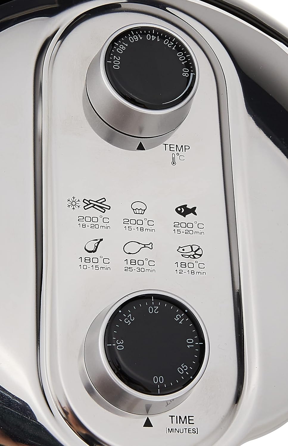 Close-up of the Mayer MMAF80 Air Fryer control panel with temperature and timer dials