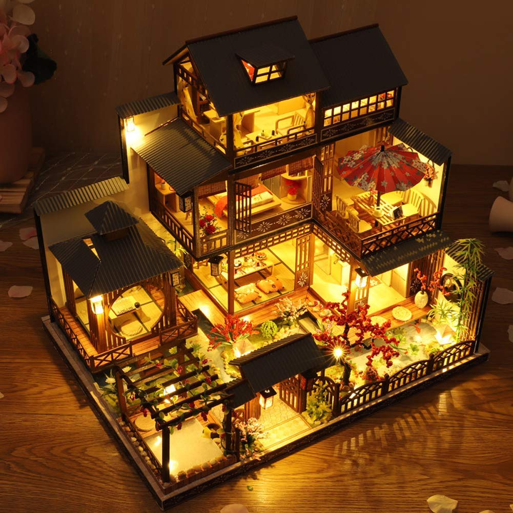 DIY Japanische Villa Szene Architekturmodell Kirschblüten Garten montiert Spielzeug Haus Musikhaus Kit mit Staubschutz 3D Puppenhaus Kreatives Geschenk