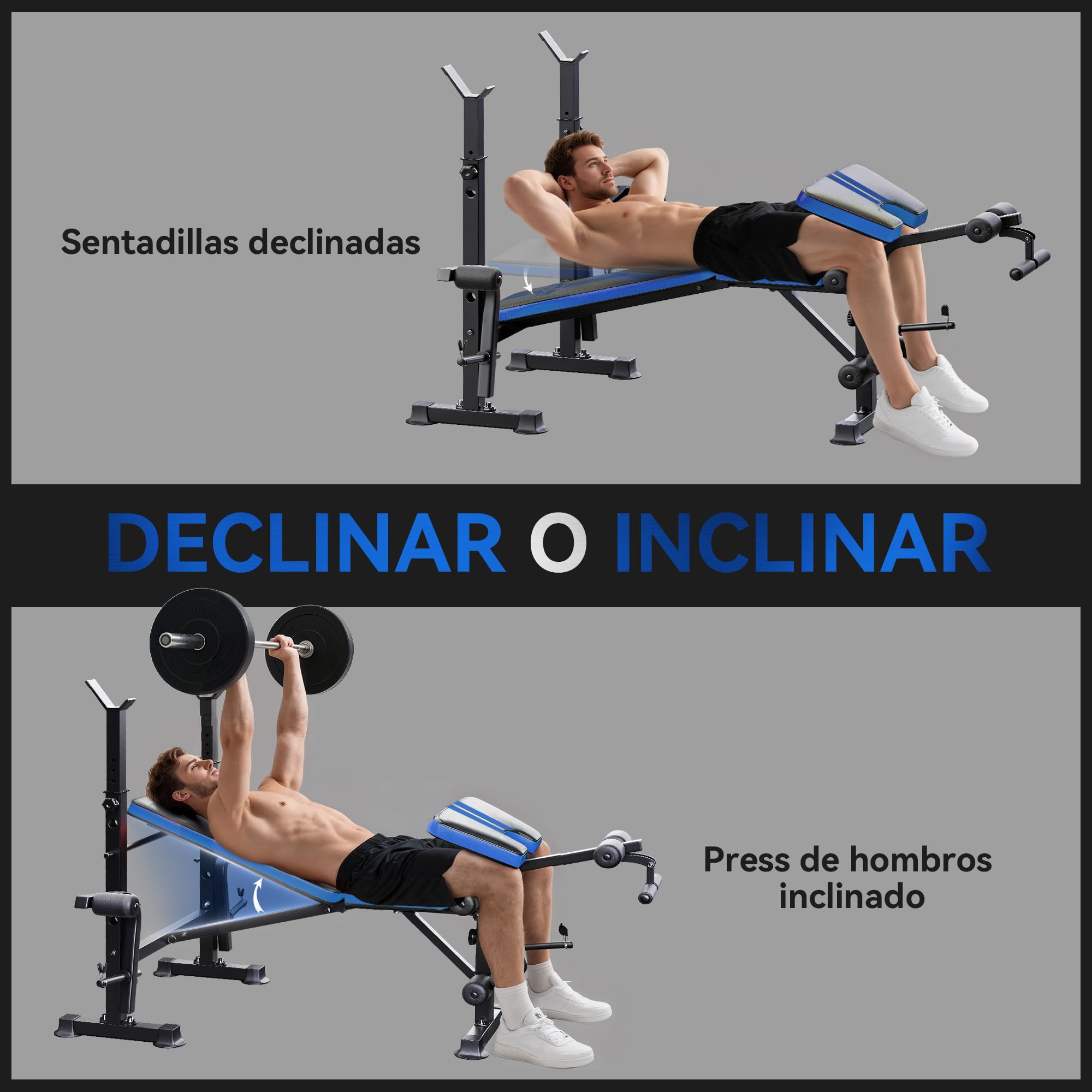 HOMCOM Banco de Musculación Multifuncional, Banco de Pesas con Respaldo Ajustable, Soporte para Barras Regulable, Extensión de Piernas, Curl de Predicador, Mariposa, Entrenamiento Casa Gimnasio, Azul