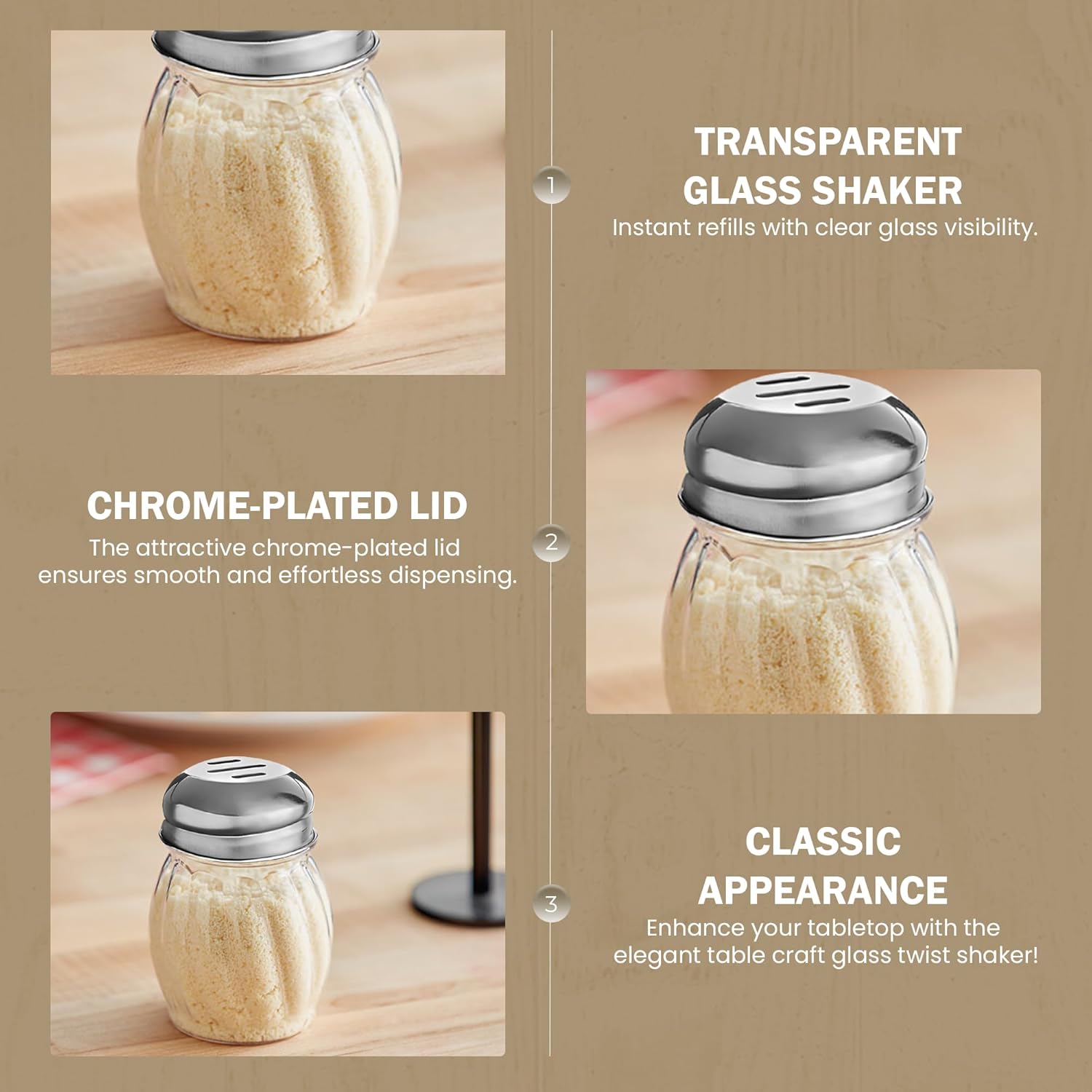 OCS Parts 3.5-Inch Glass Shakers with Chrome Plated Slotted Lids | 12-Pack | Grated Cheese, Chili and Red Pepper Shaker for Home Kitchens, Delis, Restauarants, and Pizza Parlors