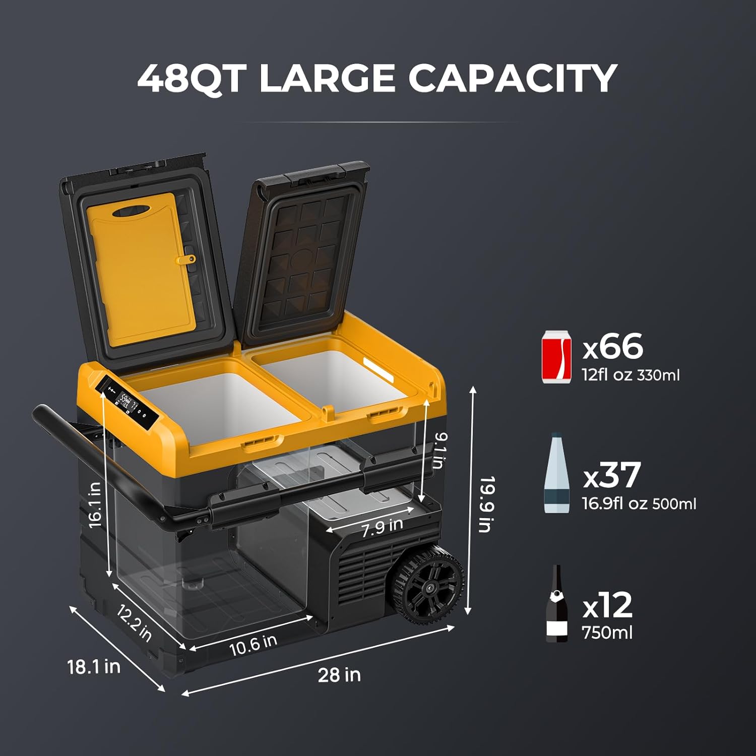 Diagram showing the 48QT large capacity of the refrigerator with internal dimensions and capacity for bottles and cans