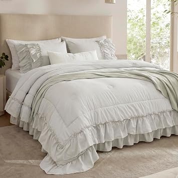 Bedding_Dreamer Beige Ruffle Comforter Set King, 3 Pieces Shabby Chic Farmhouse Bedding, Soft Microfiber Comforter with Matching Shams, All Season