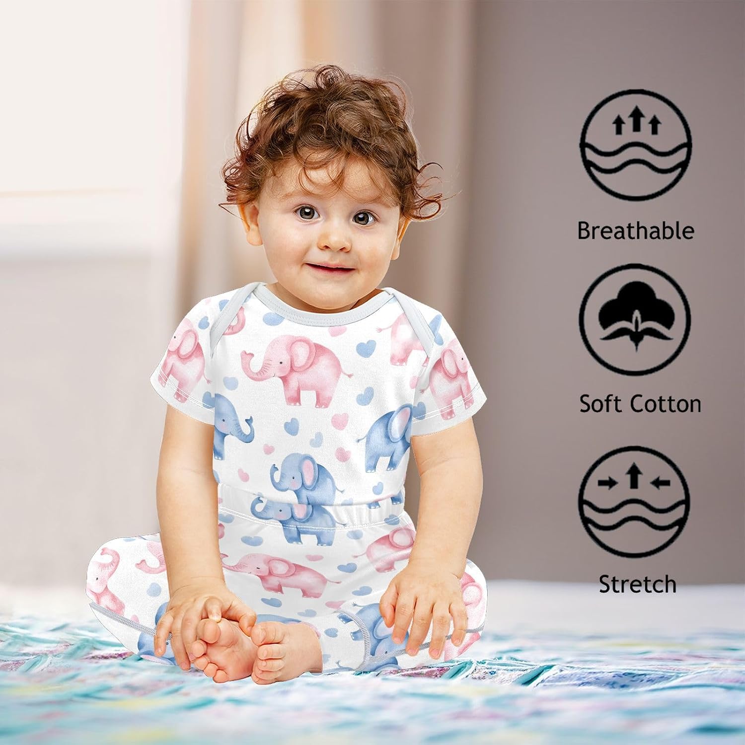 vvfelixl Baby Clothes Cute Blue Pink Elephant Baby Bodysuits Set Unisex Short Sleeve Babys Pants Sets 0-3M