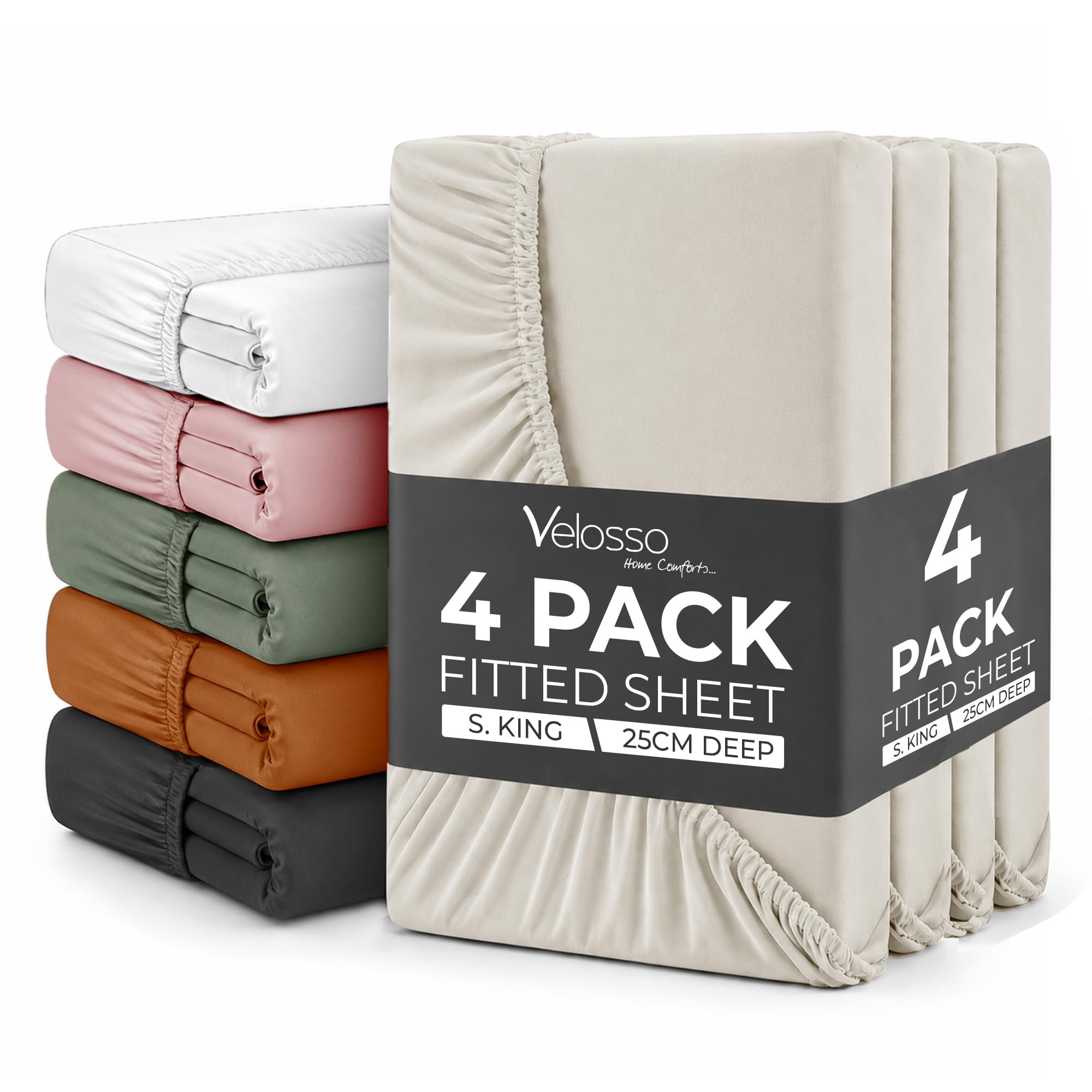 Plain Dye Fitted Sheet 25cms Pocket Soft Brushed Microfibre Fabric Mattress Bottom Bed Sheets (Cream, Super King 4 Pack) โ image 1